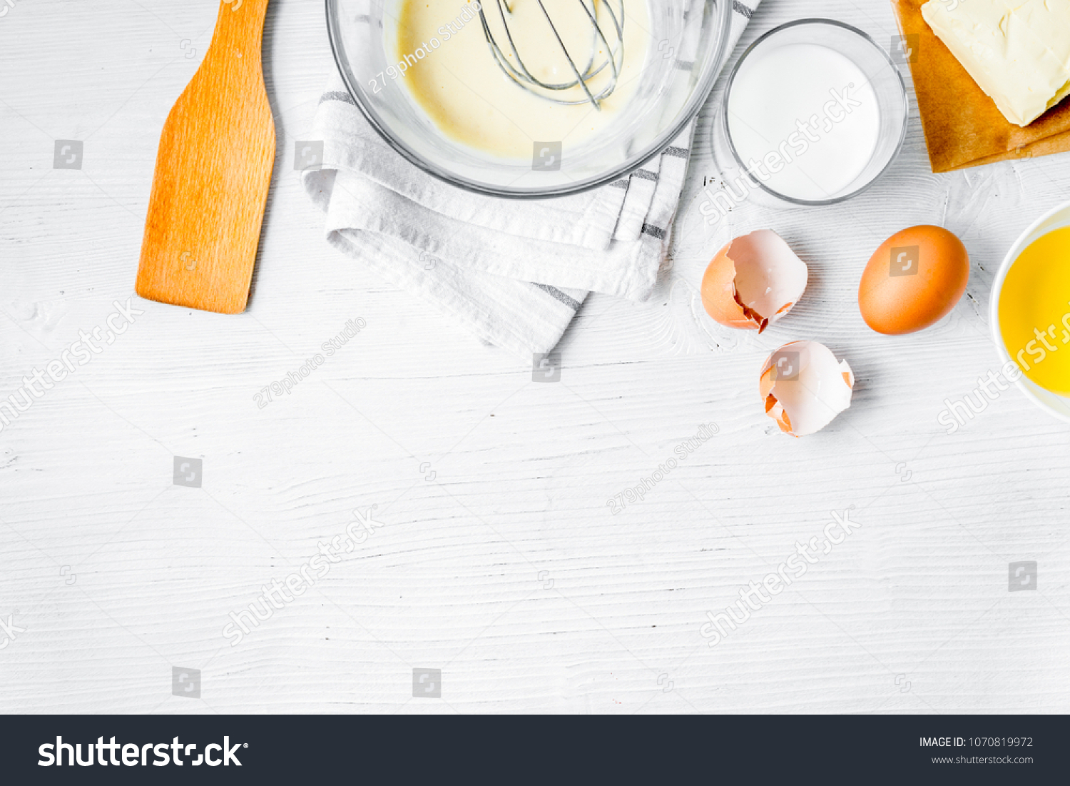 cooking pancake on white background top view ingredients for mak #1070819972