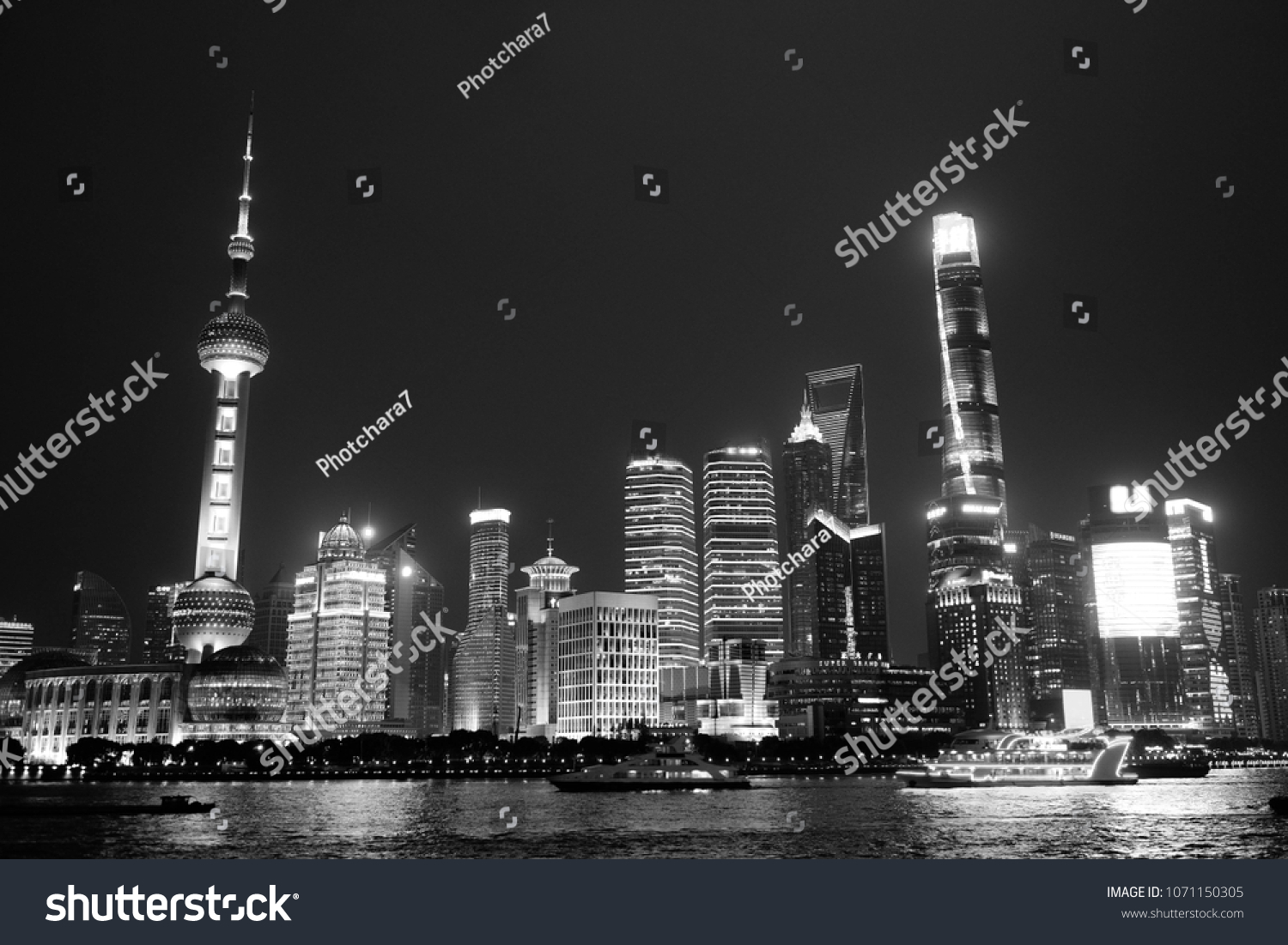 A night view of the Bund, Shanghai/China. In black and white #1071150305