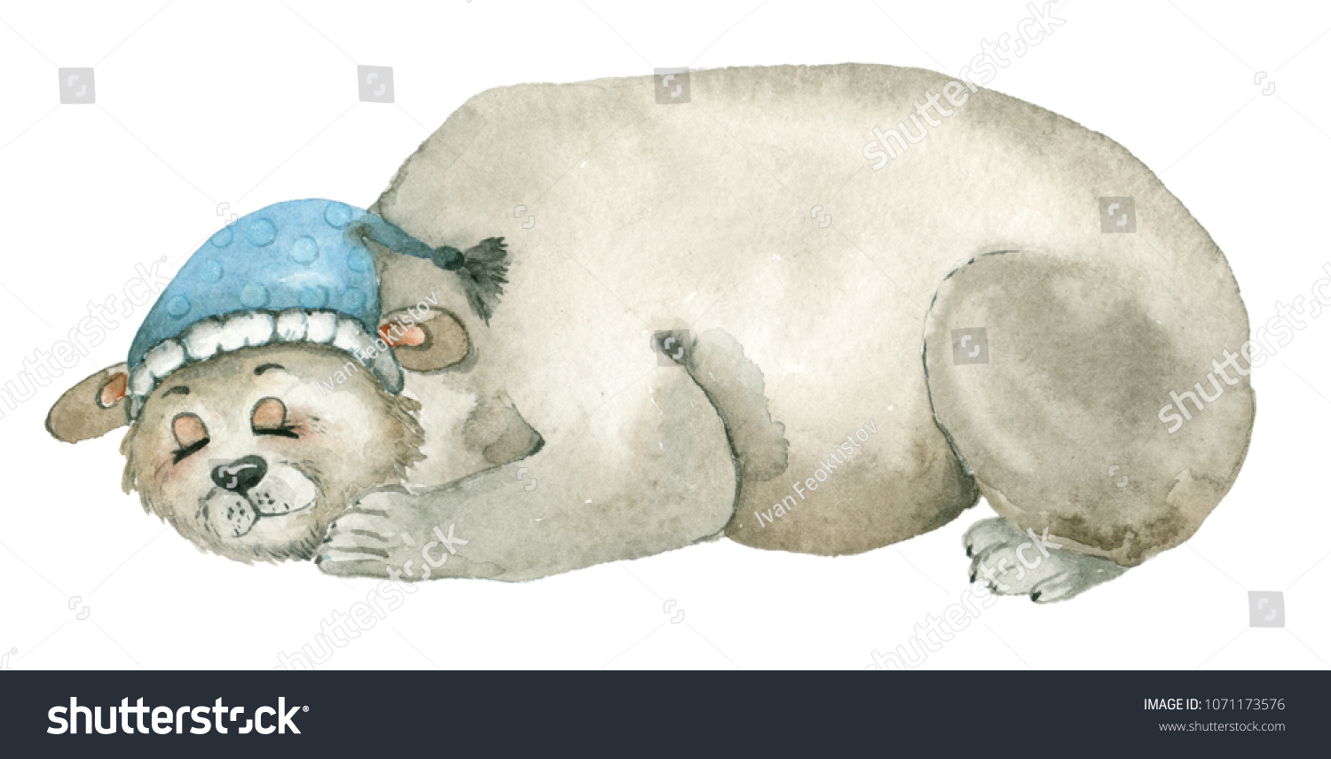 Hand drawn watercolor of sleeping polar bear in hat. Isolated in white background. #1071173576