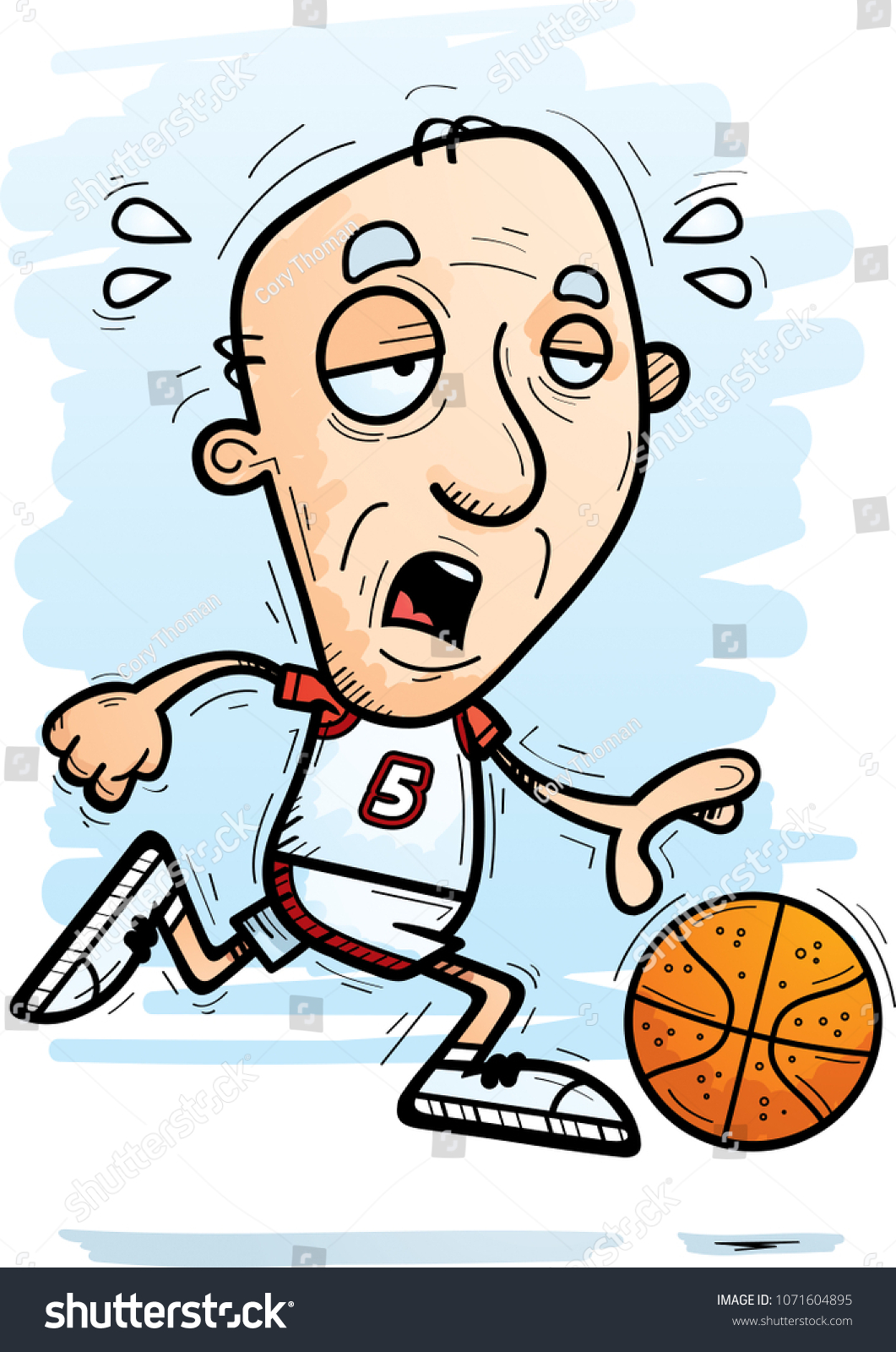A cartoon illustration of a senior citizen man basketball player running and looking exhausted. #1071604895