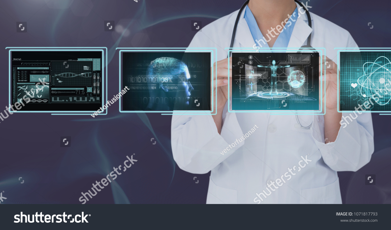 Woman doctor interacting with medical interfaces against purple background #1071817793