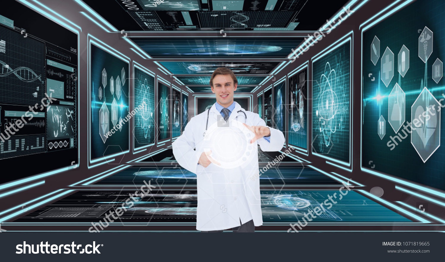 Man doctor interacting with interfaces against background with medical interfaces #1071819665