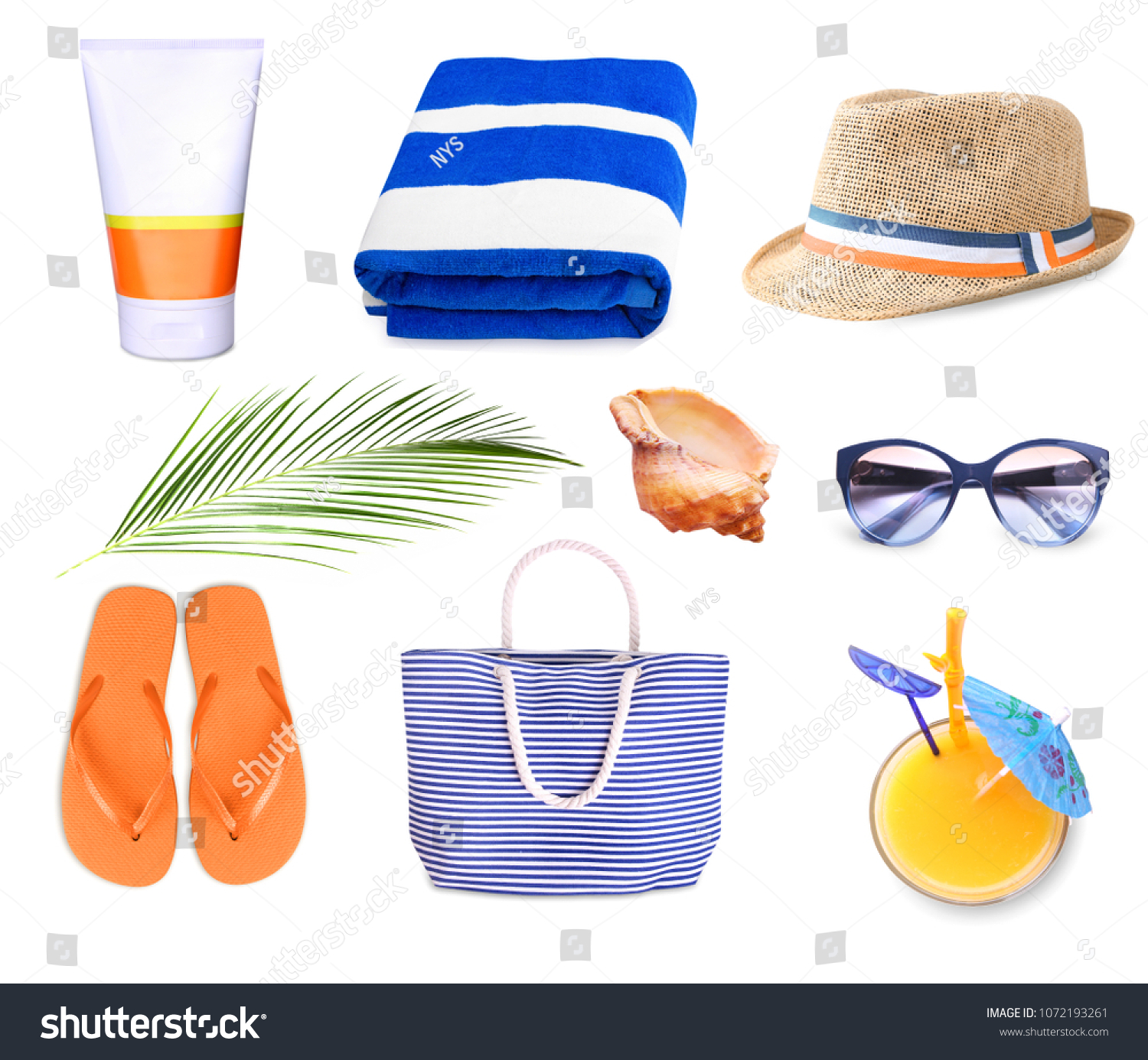 Summer resort objects collage isolated.Beach staff accessories set.Towel,hat,bag. #1072193261