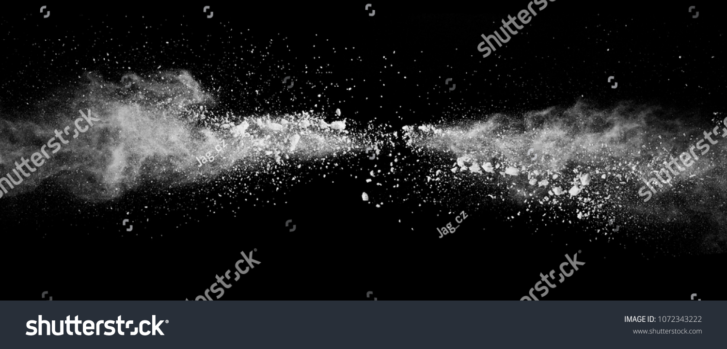 Abstract white powder explosion isolated on black background. High resolution texture #1072343222
