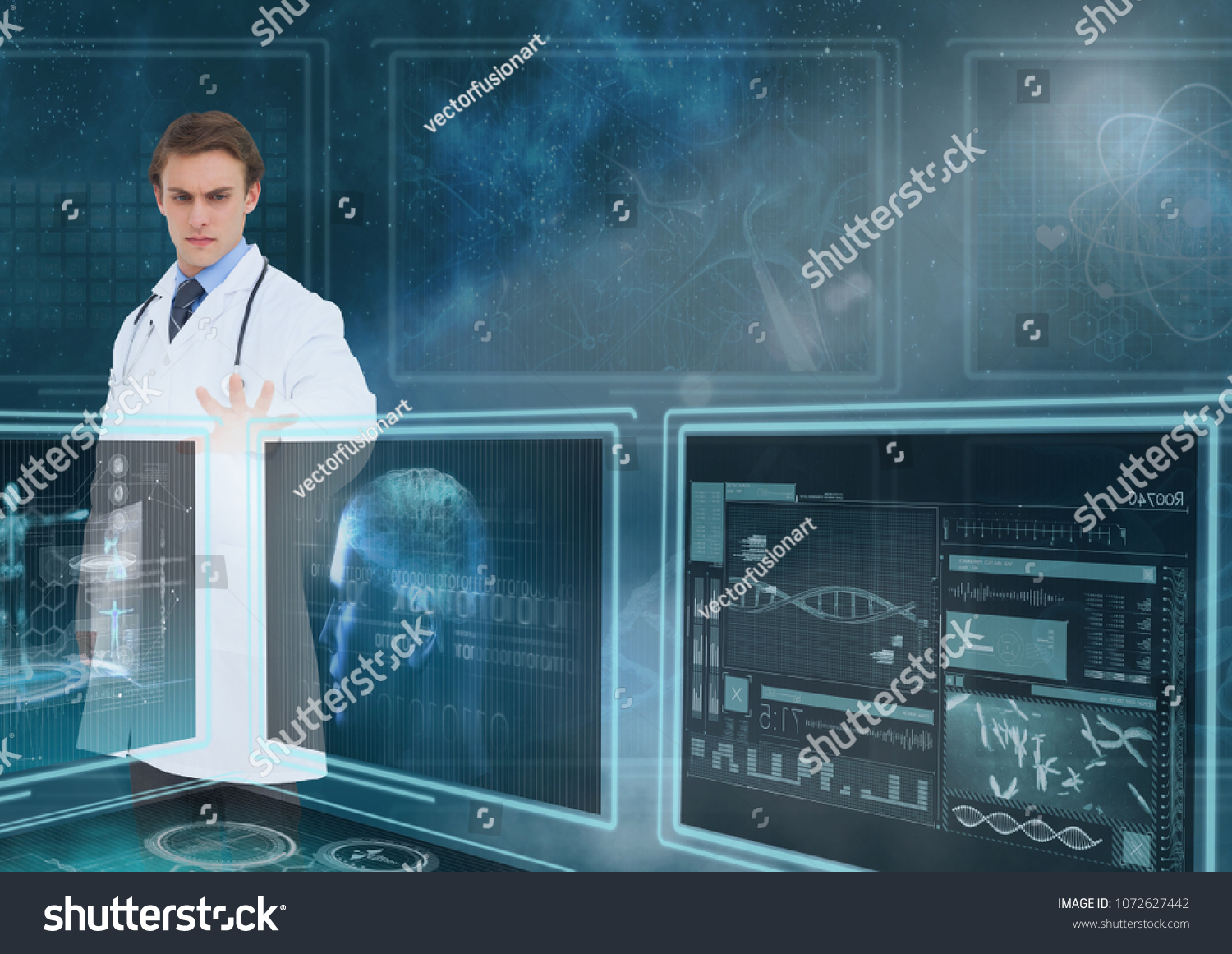 Man doctor interacting with medical interfaces against a sky with flares #1072627442