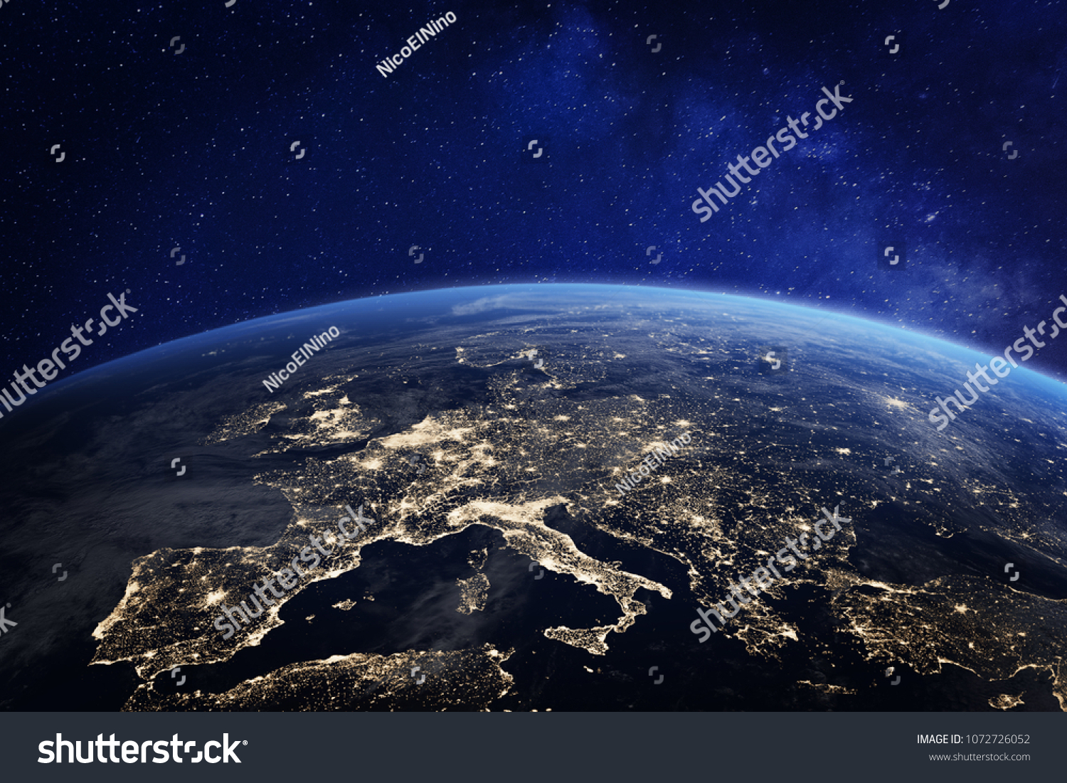 Europe at night viewed from space with city lights showing human activity in Germany, France, Spain, Italy and other countries, 3d rendering of planet Earth, elements from NASA #1072726052