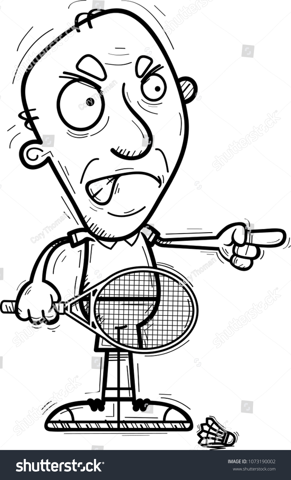 A cartoon illustration of a senior citizen man badminton player looking angry and pointing. #1073190002