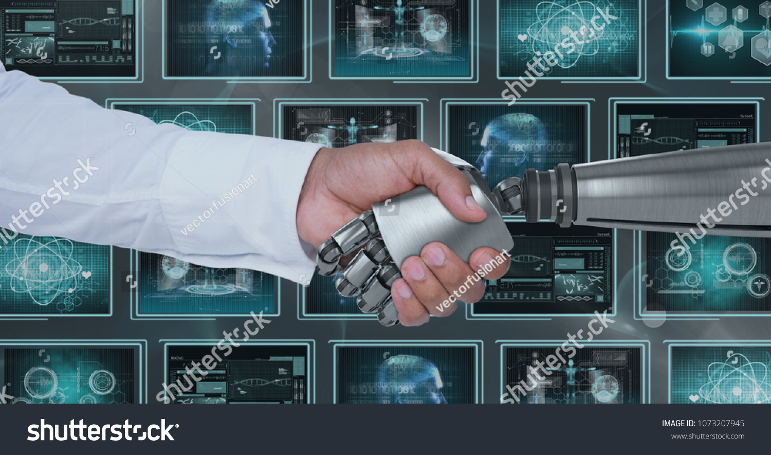 3D robot hand and person shaking hands against background with medical interfaces #1073207945