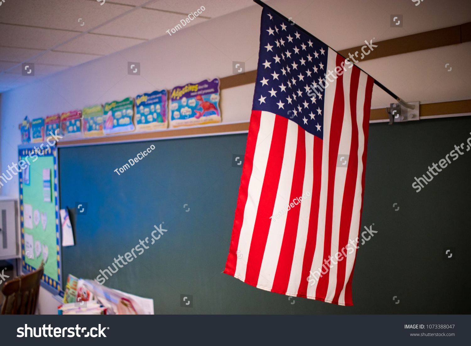 Interior School Classroom Chalkboard with Flag #1073388047