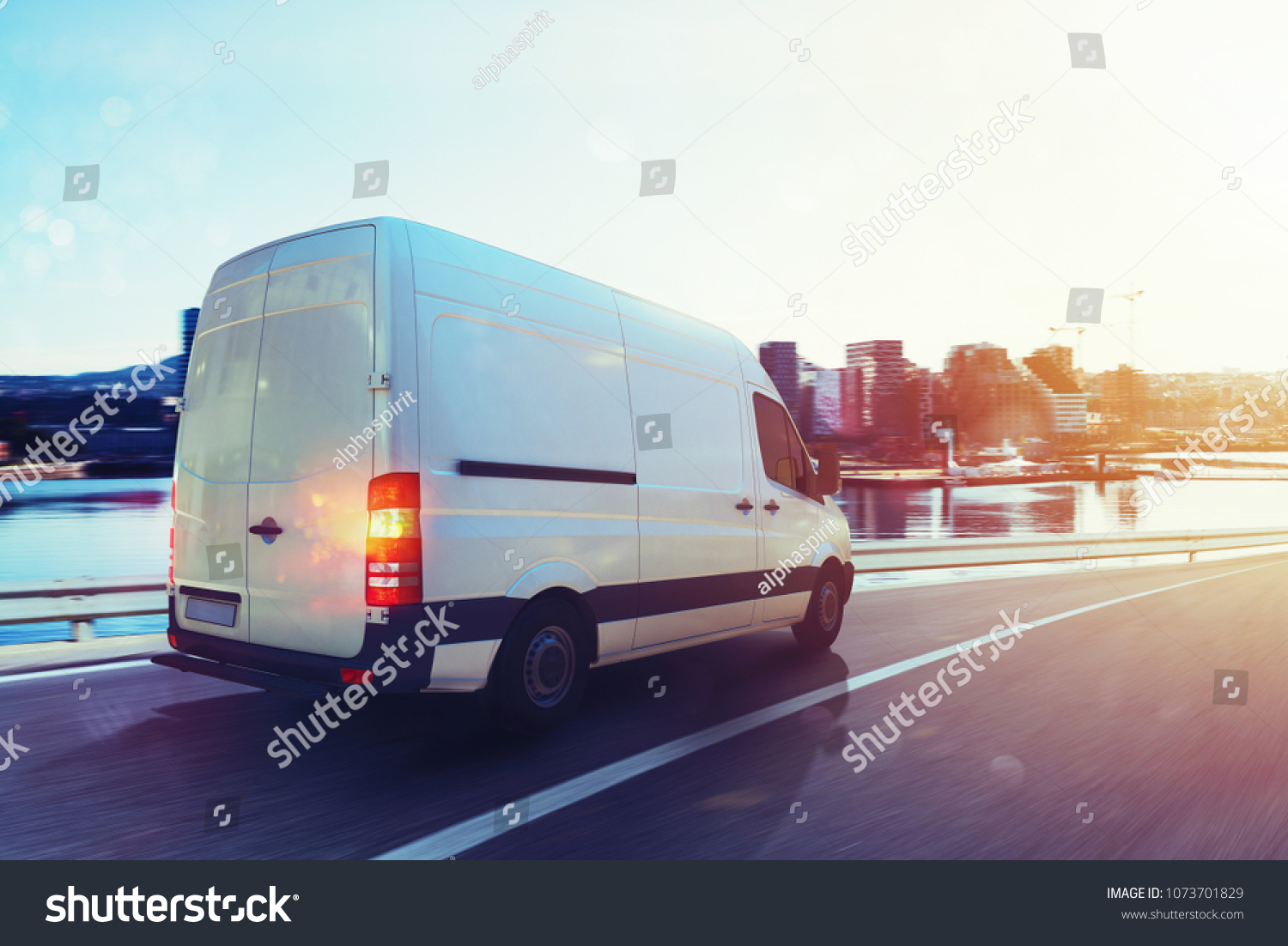 Van run fast on the highway to deliver. 3D Rendering #1073701829