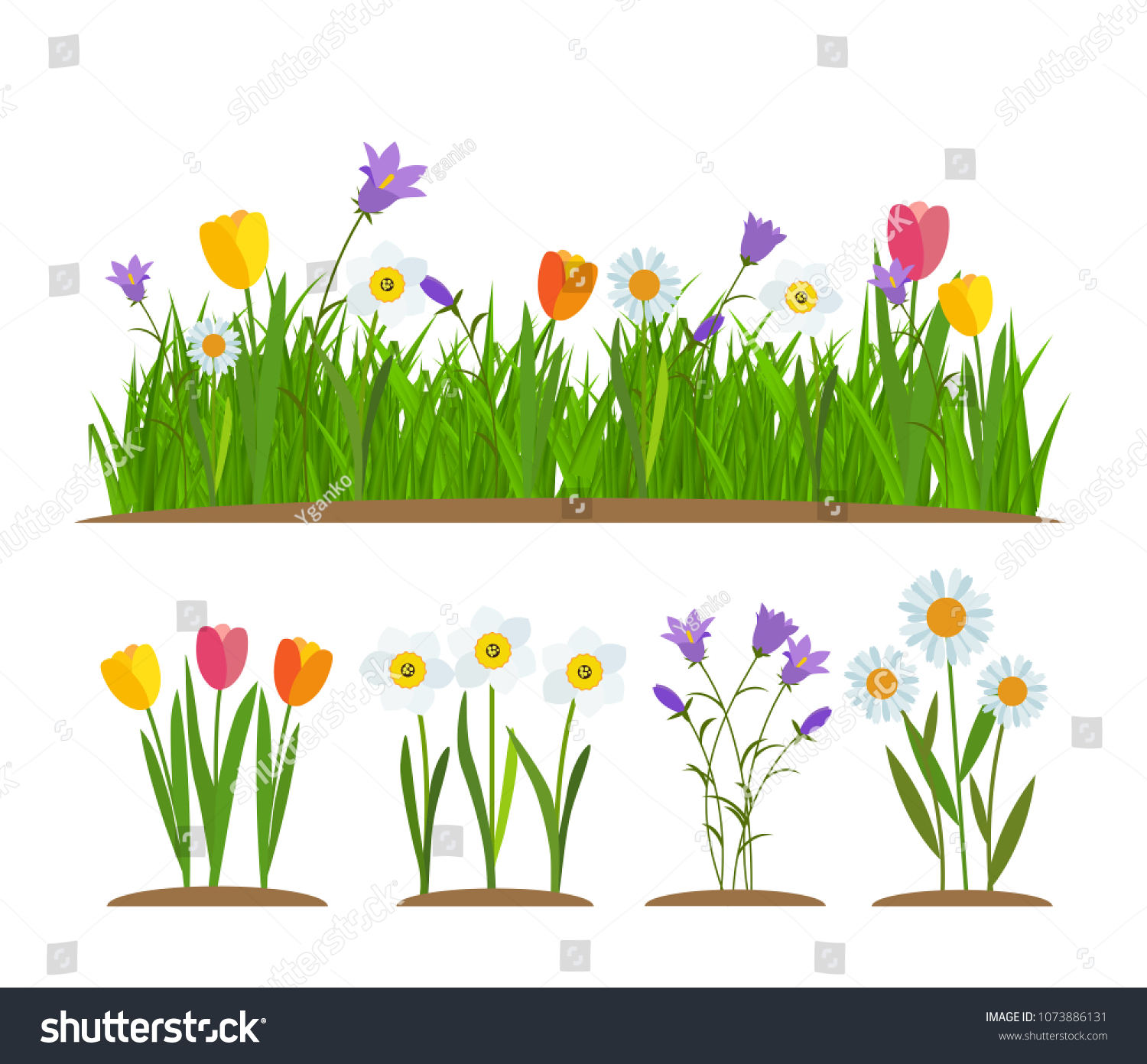 Grass and flowers border, greeting card decoration element White Background. Vector Illustration. EPS10 #1073886131