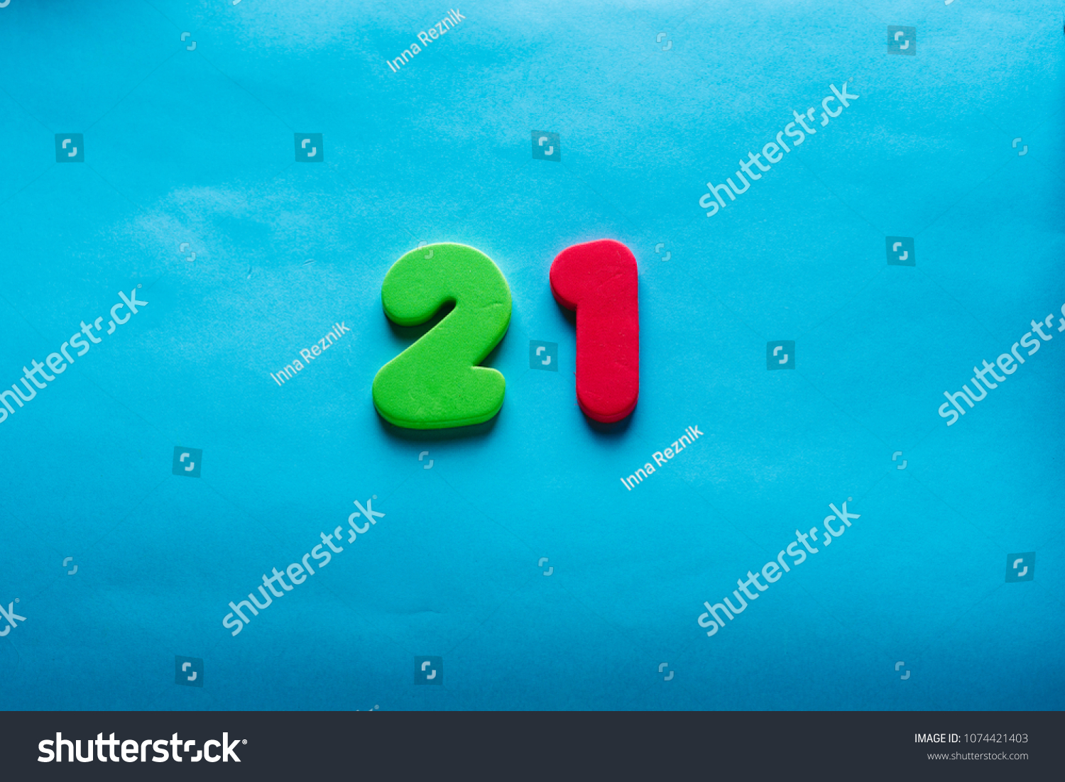 21 years old celebrating classic logo. Colored happy numbers. Greetings celebrates card. Traditional digits of ages. Sale, birthday, special prize, % off concept. #1074421403