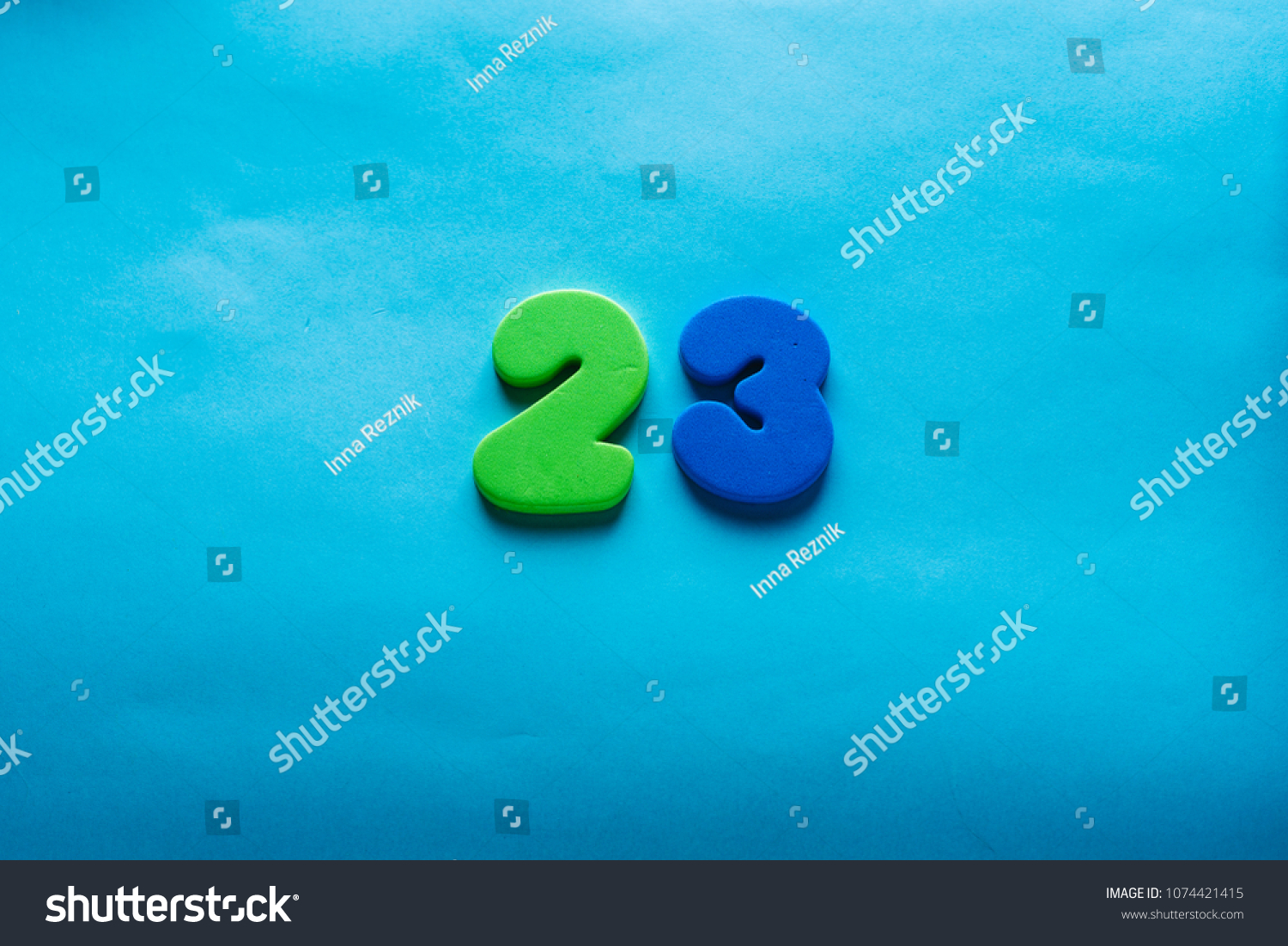 23 years old celebrating classic logo. Colored happy green blue numbers. Greetings celebrates card. Traditional digits of ages. Sale, birthday, special prize, % off concept. #1074421415