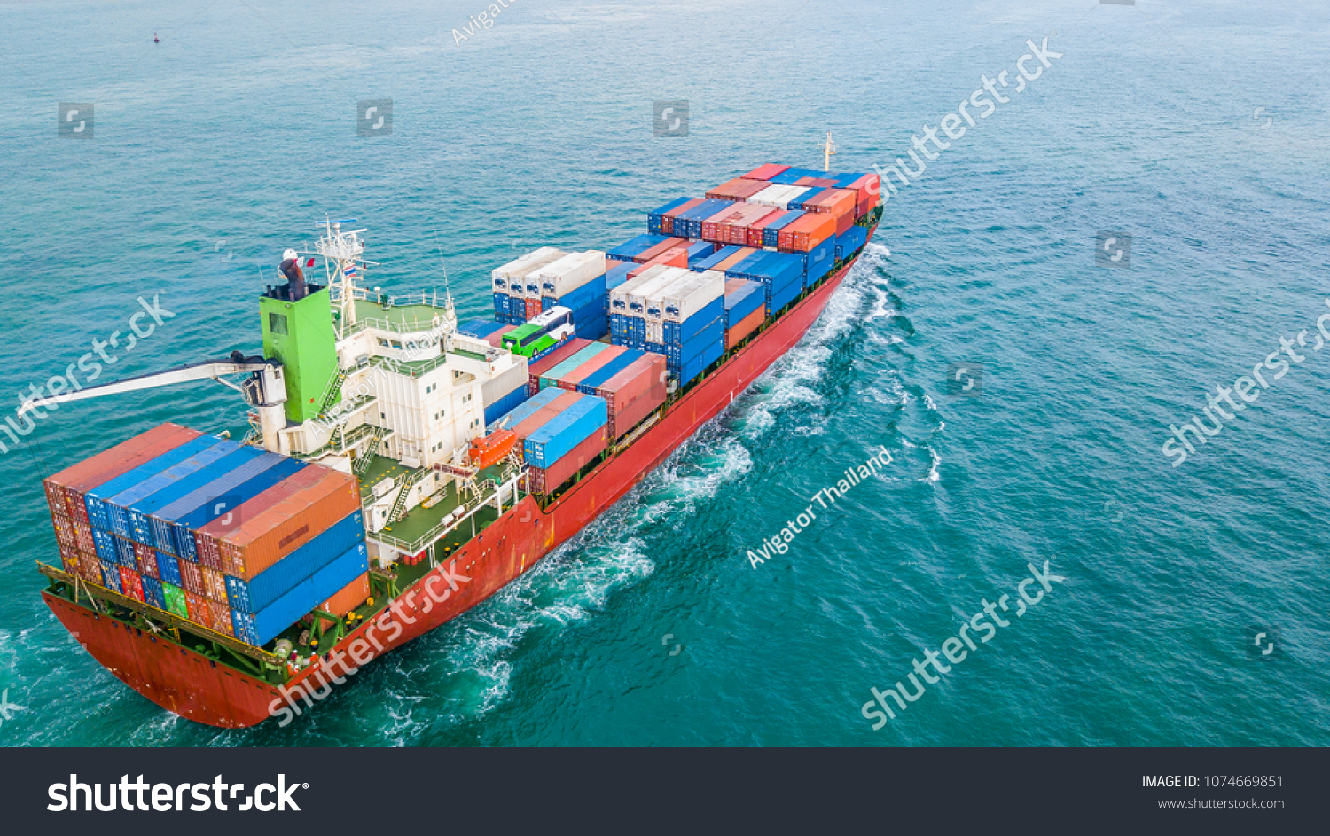 Aerial view container cargo ship, Business import export logistic and transportation of International by ship in the open sea. #1074669851