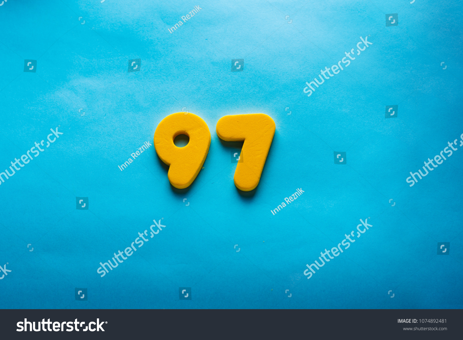 97 years old celebrating classic logo. Colored happy anniversary ninety-seven yellow numbers. Greetings celebrates card. Traditional digits of ages. Sale, birthday,special prize, % off concept. #1074892481