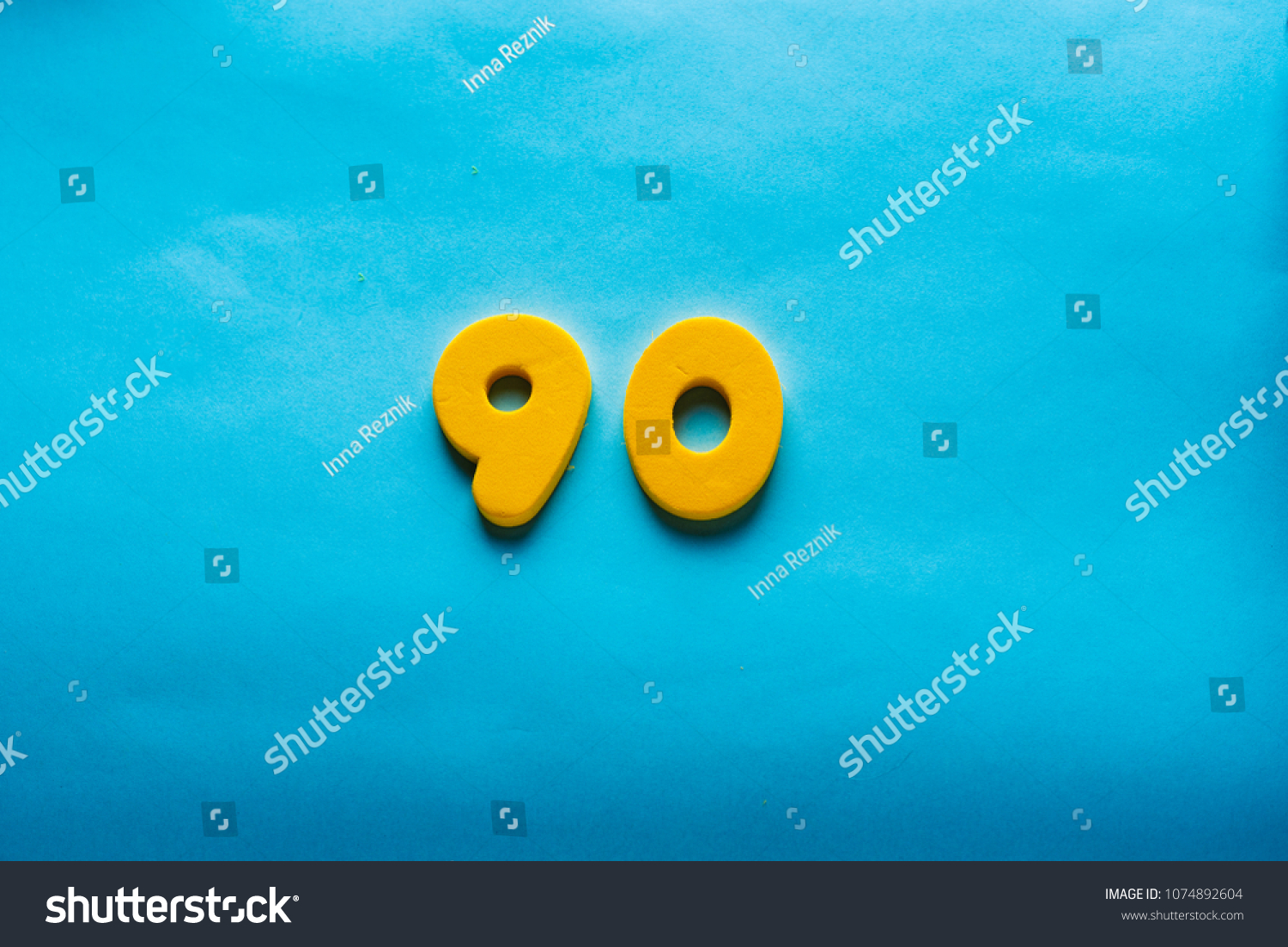 90 years old celebrating classic logo. Colored happy anniversary ninety   yellow numbers. Greetings celebrates card. Traditional  digits of ages. Sale, birthday, special prize, % off concept. #1074892604