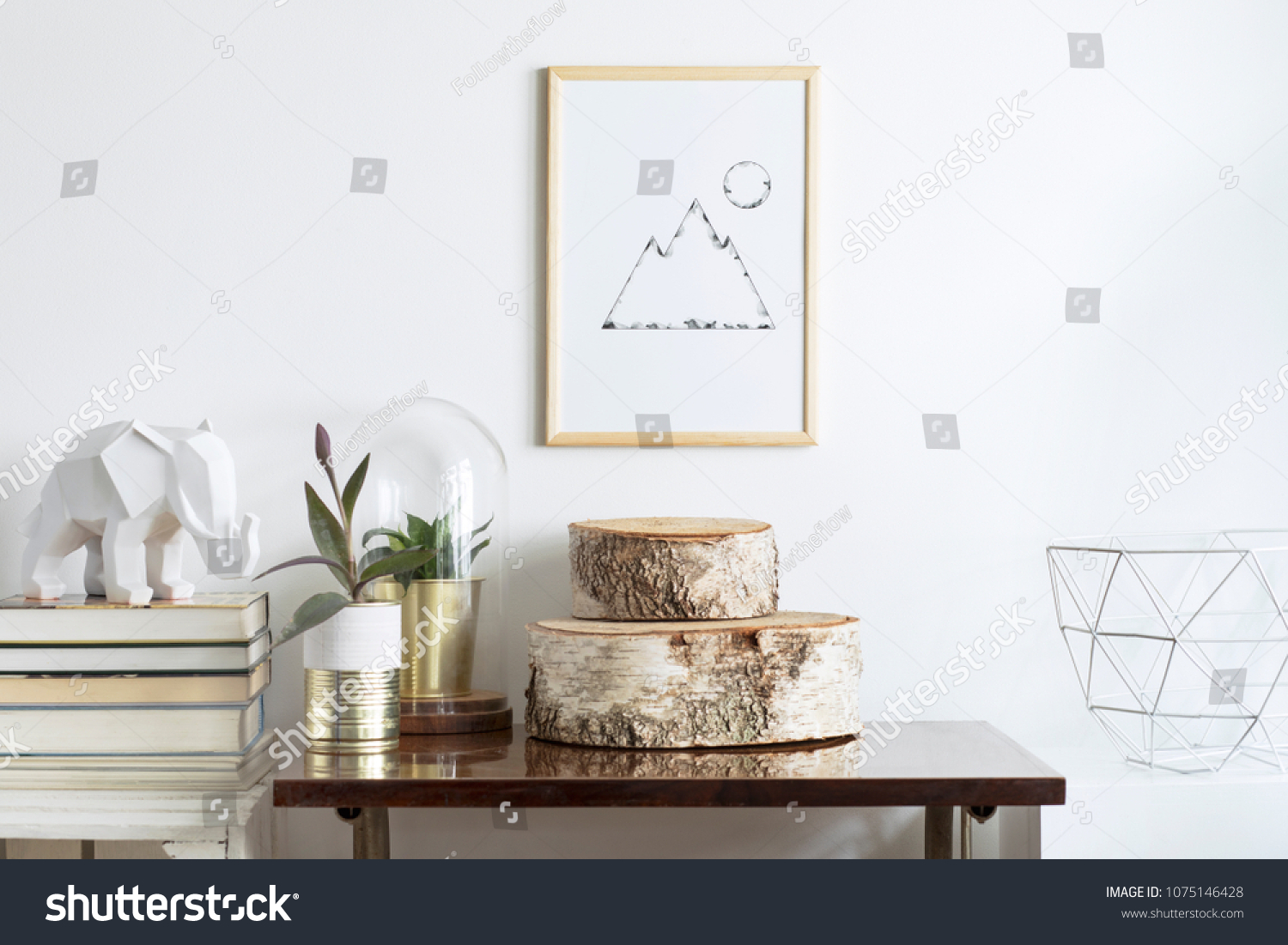 The room interior of vintage space with mock up poster frame, plants, books and white elephant figure. Modern shelfie concept. #1075146428