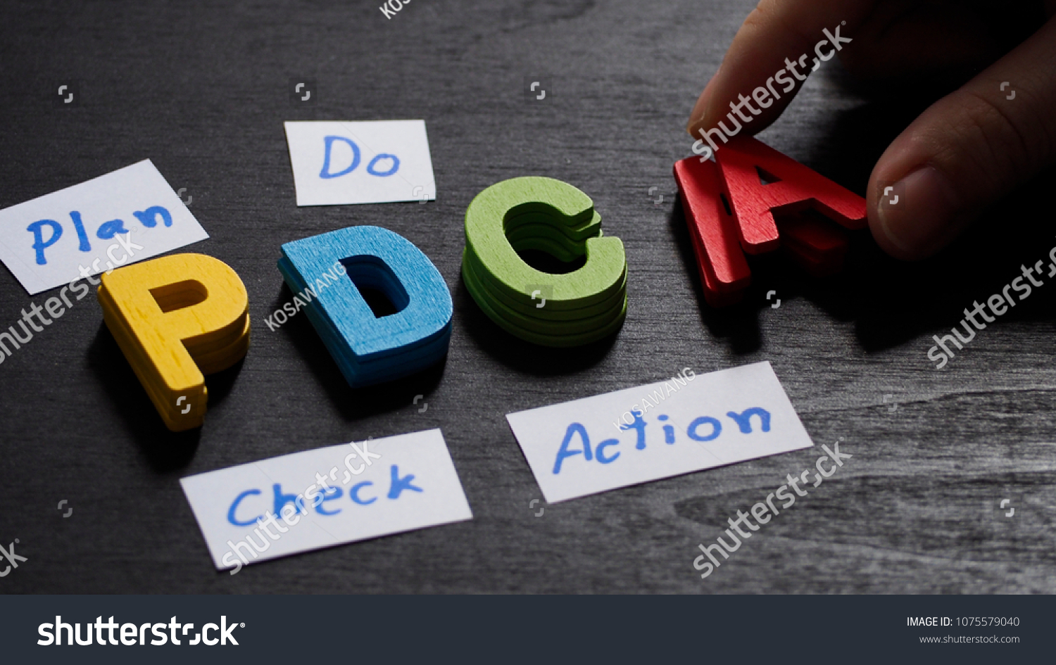 Hand arrange wood letters as PDCA acronym (Plan Do Check Action),Concept ,Business. #1075579040