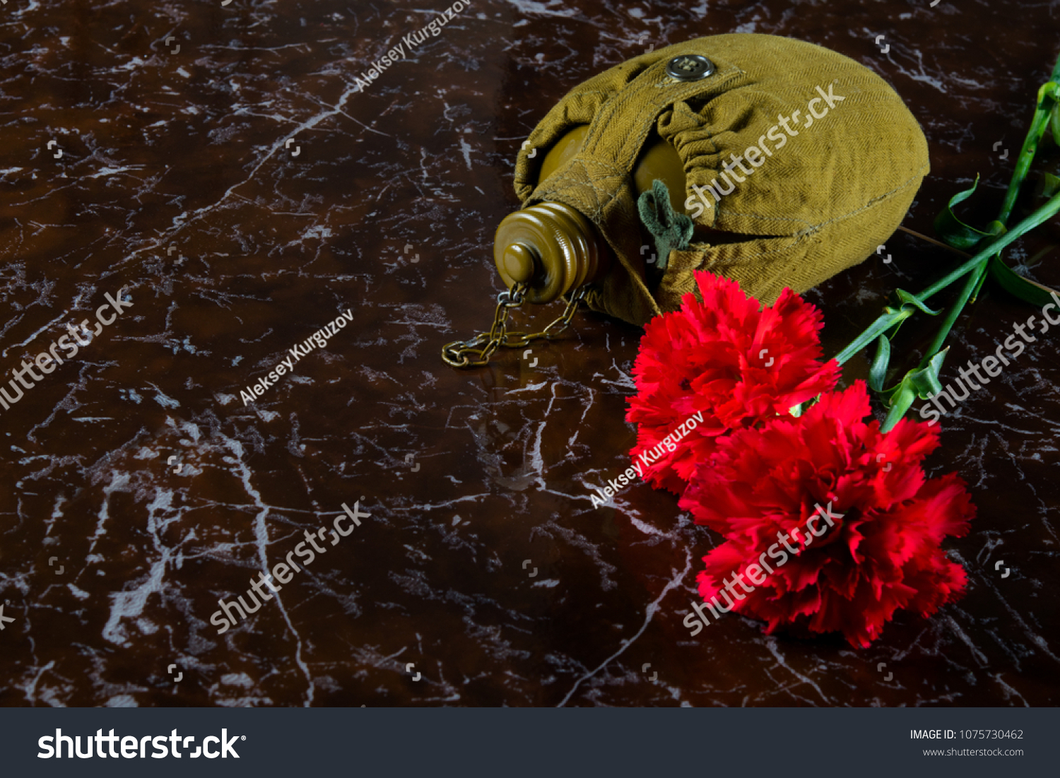 two carnations, a military flask, against the background of the monument, with a place for inscription #1075730462