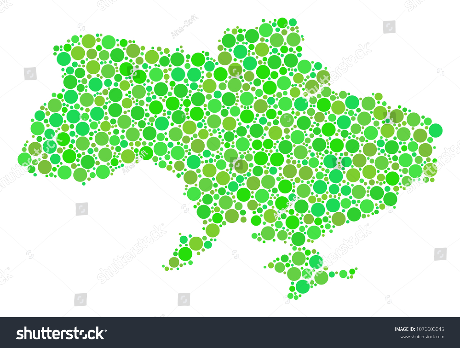 Ukraine Map With Crimea composition of scattered circle elements in different sizes and eco green color hues. Vector round elements are united into ukraine map with crimea mosaic. #1076603045