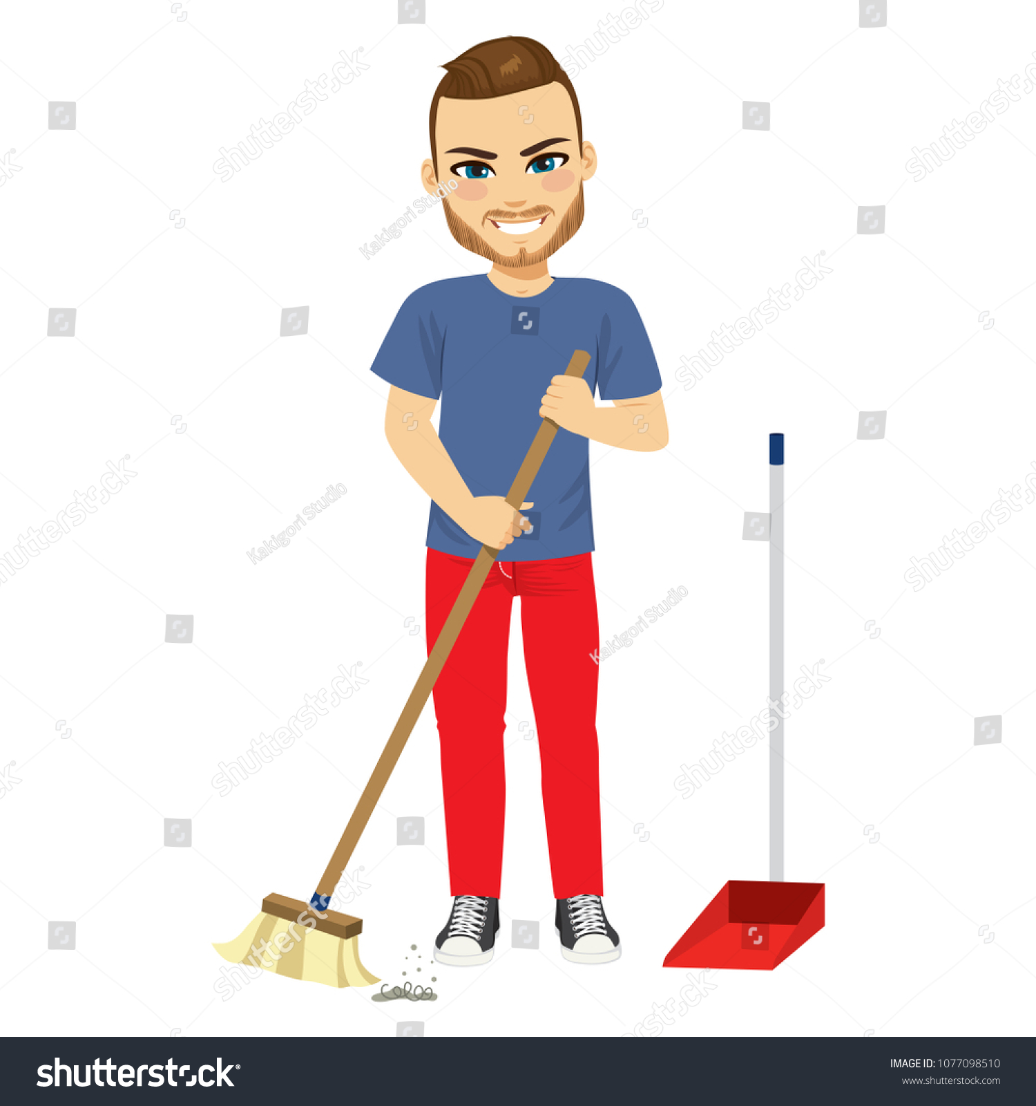 Young man sweeping home with broom doing Royalty Free Stock Vector 1077098510