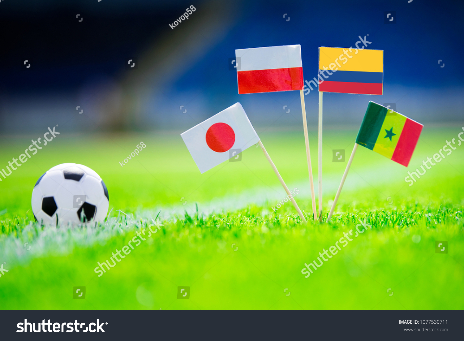 Group H - Poland, Senegal, Columbia, Japan national Flag and football ball on green grass. Fans, support photo, edit space.  #1077530711