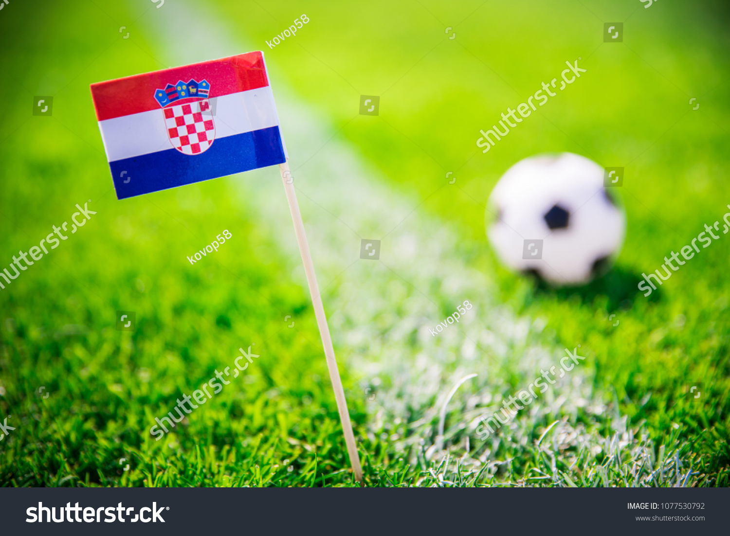 Croatia national Flag and football ball on green grass. Fans, support photo, edit space.  #1077530792