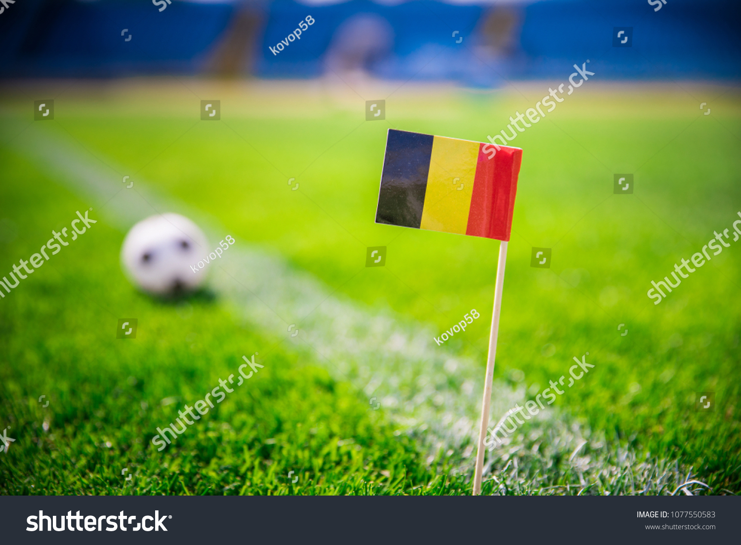 Belgium national Flag and football ball on green grass. Fans, support photo, edit space. 
 #1077550583