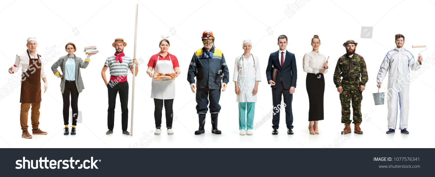 Collage about different professions. Group of men and women in uniform standing isolated on white . Full length of people with different occupations. Buisiness, professional, labor day concept #1077576341