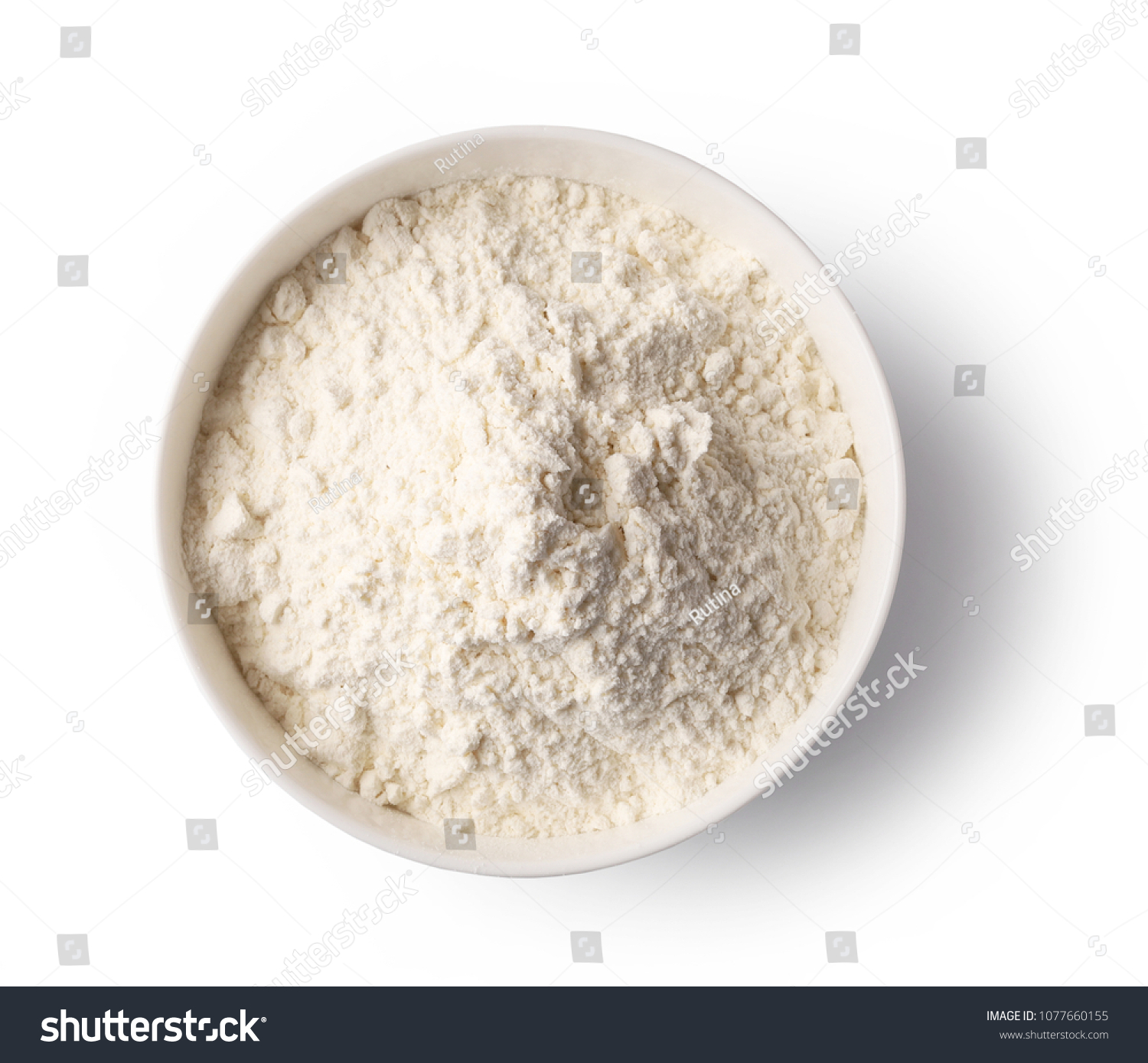 bowl of flour isolated on white background, top view #1077660155