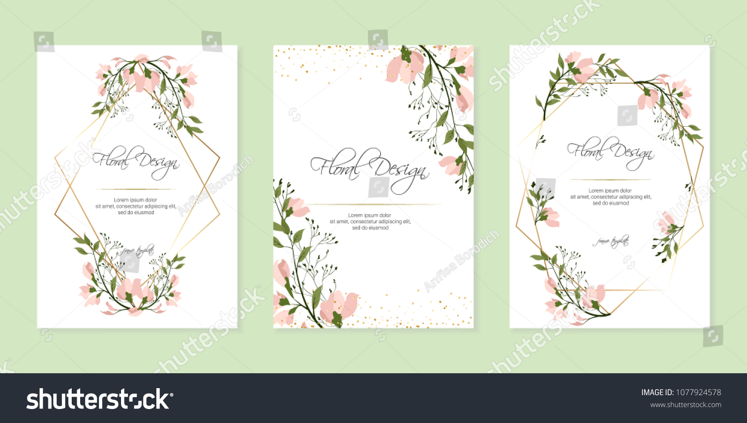 Frame on flower background. Wedding Invitation, modern card Design. geometric golden frame print. eps 10. #1077924578