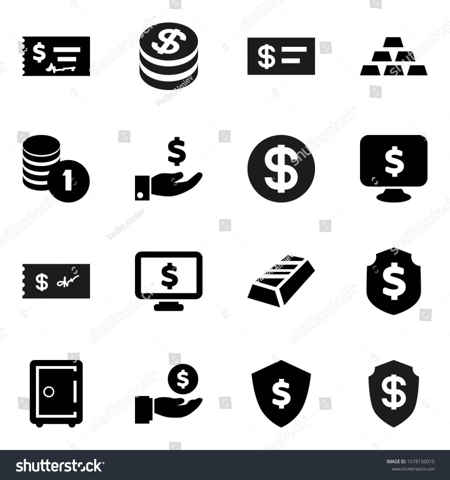 Flat vector icon set - gold ingot vector, investment, coin stack, check, dollar shield, safe, monitor #1078150010