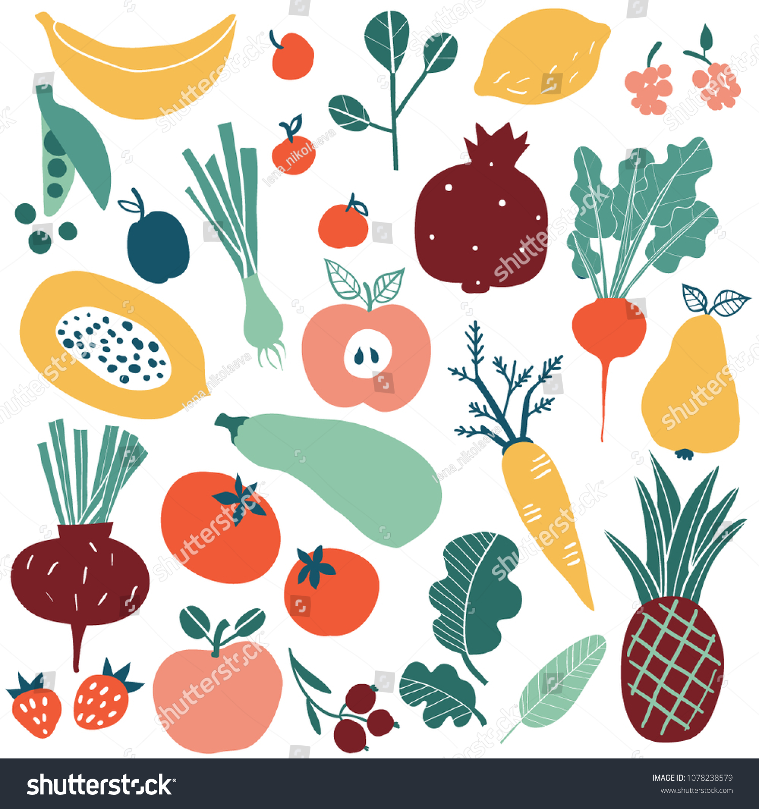 Set with hand drawn colorful doodle fruits and vegetables. Sketch style big vector collection. Flat icons set: berries, carrot, onion, tomato, apple, pineapple, beet, pear, peas, strawberry, lemon.  #1078238579