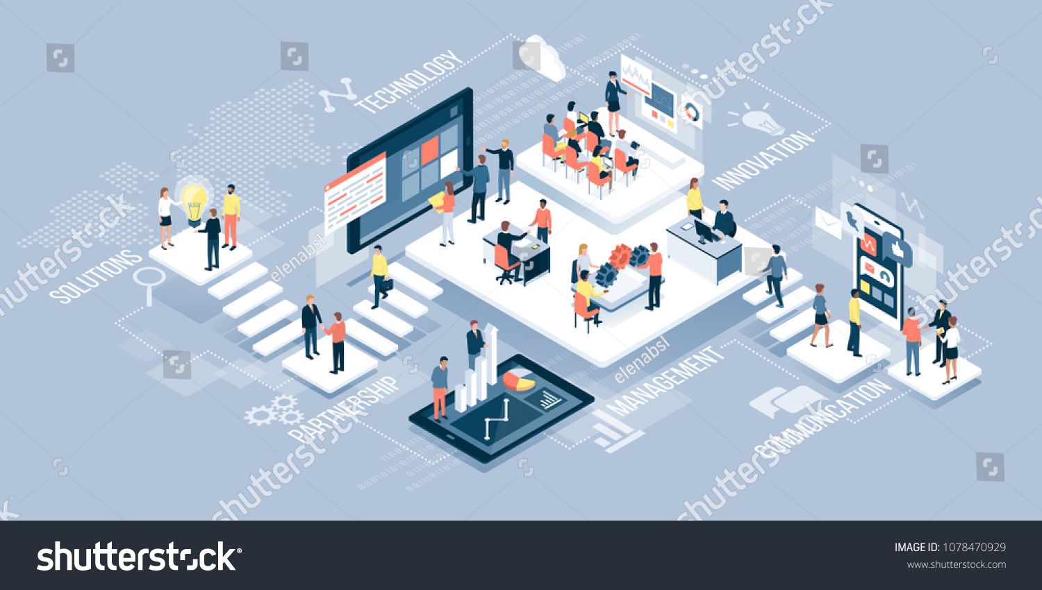 Isometric virtual office with business people working together and mobile devices: business management, online communication and finance concept #1078470929