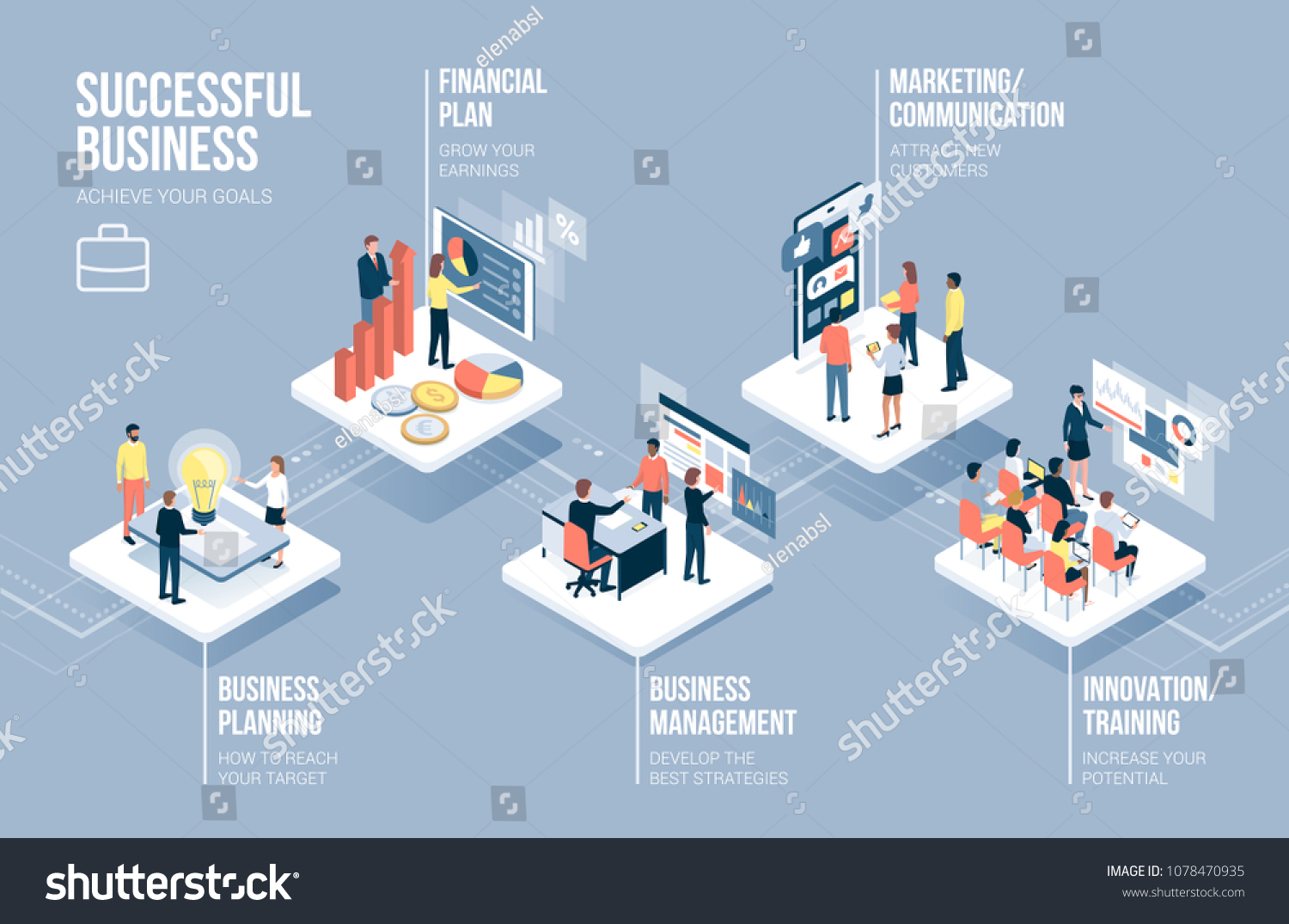 Business and technology infographic with corporate people working together on app buttons and business concepts #1078470935
