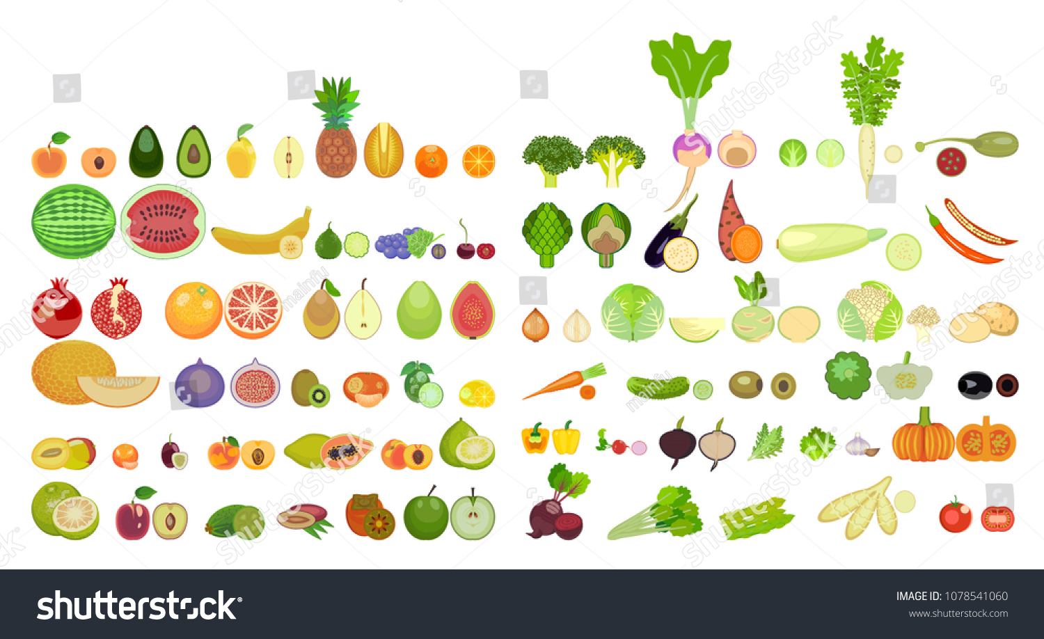 set of icons of fruits and vegetables of different species are whole and in section. Set of cartoon icons isolated on white background. Colorful design for cards, banners, printed materials. #1078541060