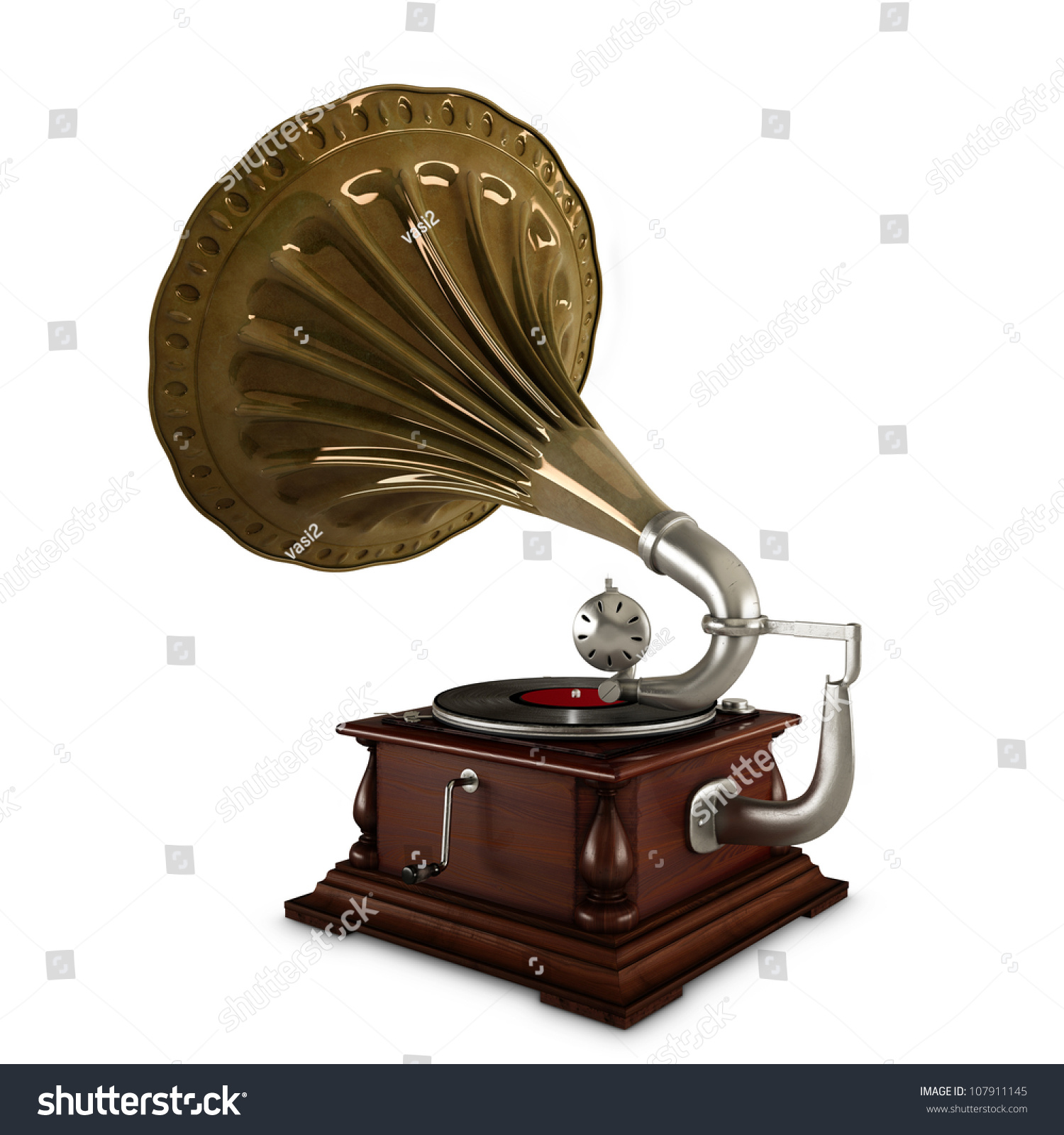 retro old gramophone with horn isolated on white with Clipping Path #107911145