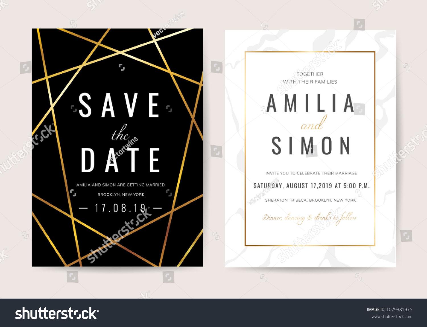 Luxury wedding invitation cards with gold marble texture and geometric pattern vector design template #1079381975