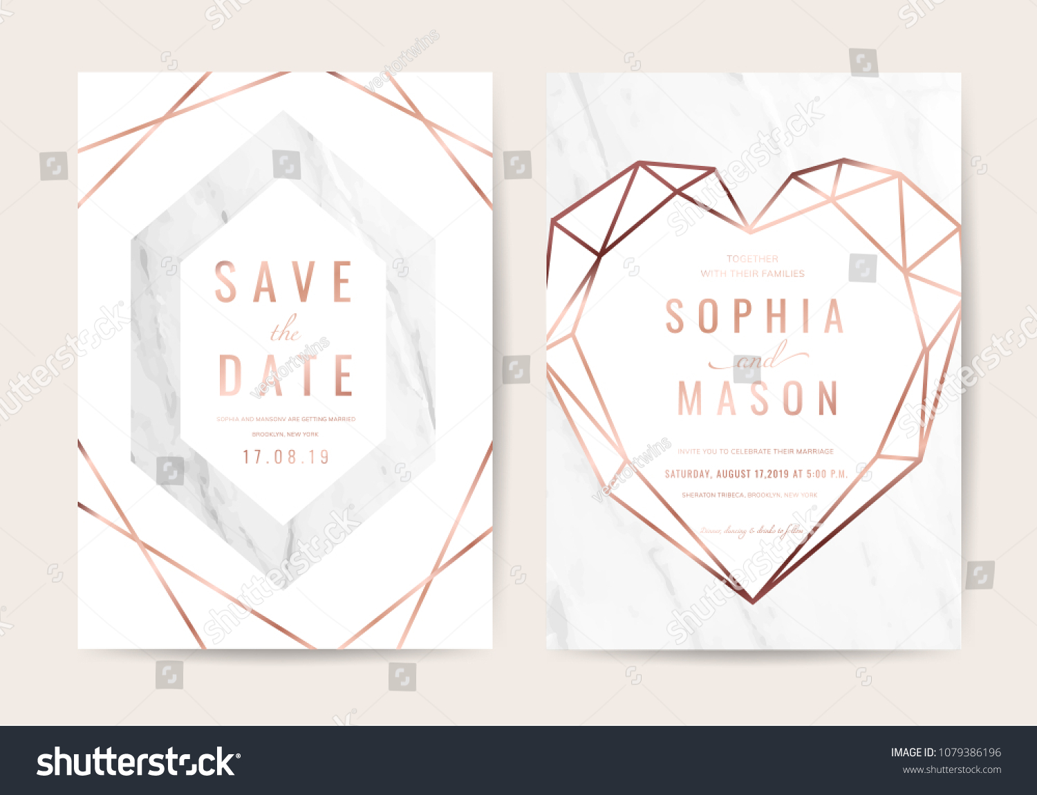 Luxury wedding cards with marble background texture and rose gold geometric shape vector  #1079386196