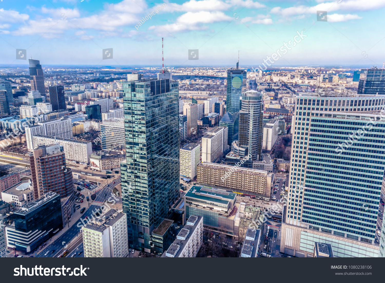 Panoramic view at the modern architecture buildings in the city center of Warsaw, Poland.  #1080238106