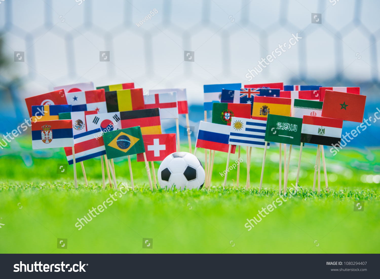 MOSCOW, RUSSIA - APRIL, 24, 2018: All nations flag of FIFA Football World Cup 2018 in Russia. Fans support concept photo. #1080294407