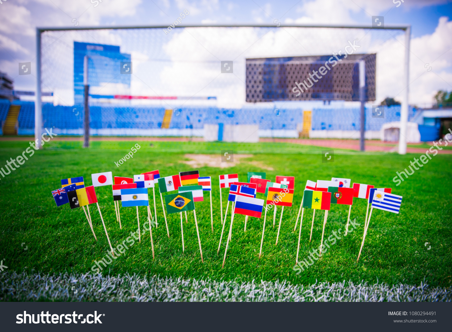 MOSCOW, RUSSIA - APRIL, 24, 2018: All nations flag of FIFA Football World Cup 2018 in Russia. Fans support concept photo. #1080294491