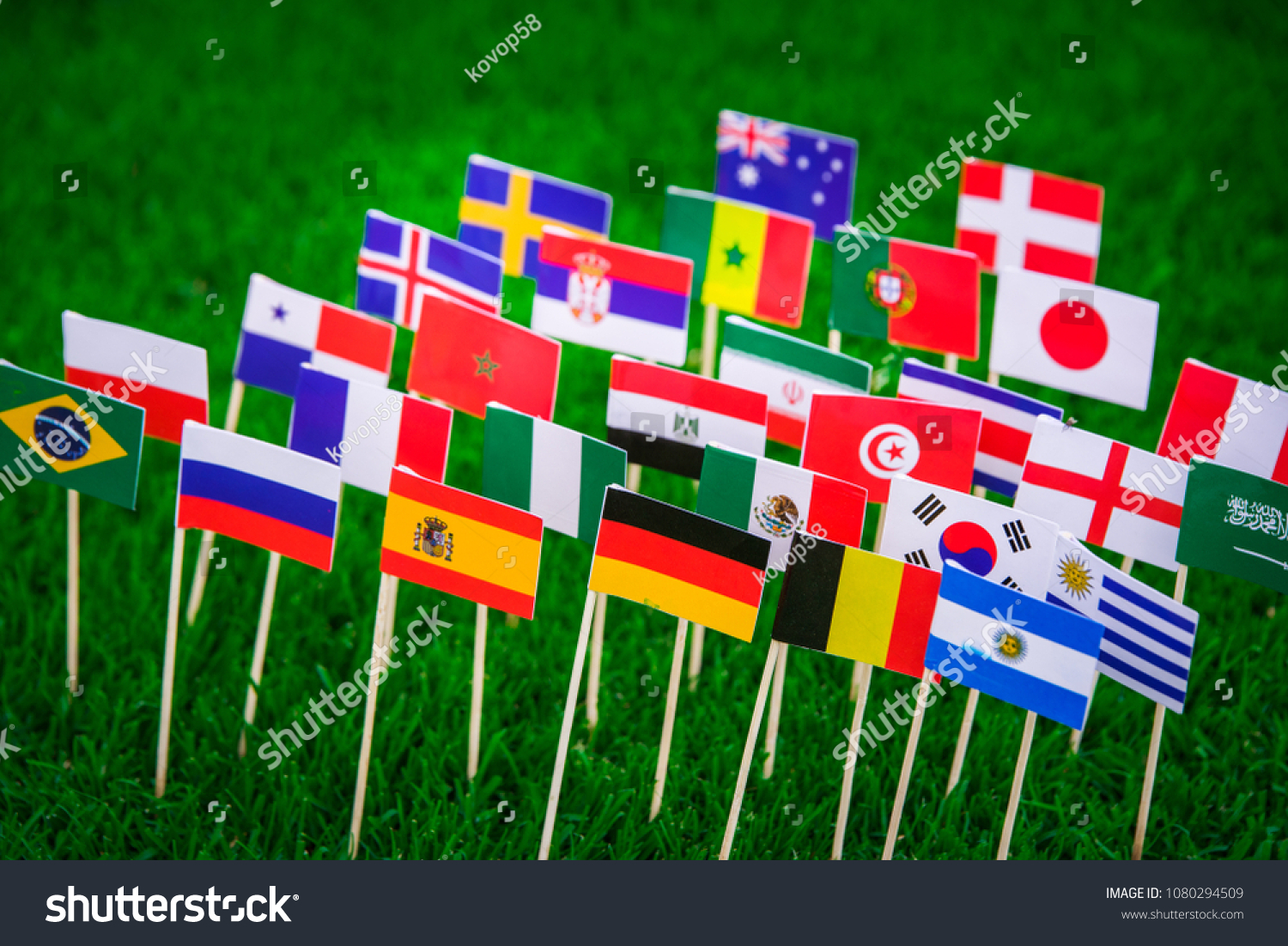 MOSCOW, RUSSIA - APRIL, 24, 2018: All nations flag of FIFA Football World Cup 2018 in Russia. Fans support concept photo. #1080294509