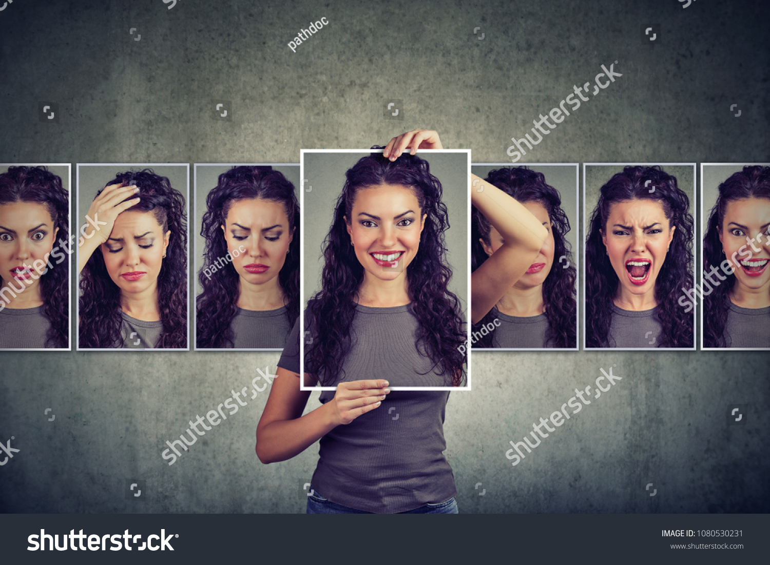 Masked young woman expressing different emotions  #1080530231