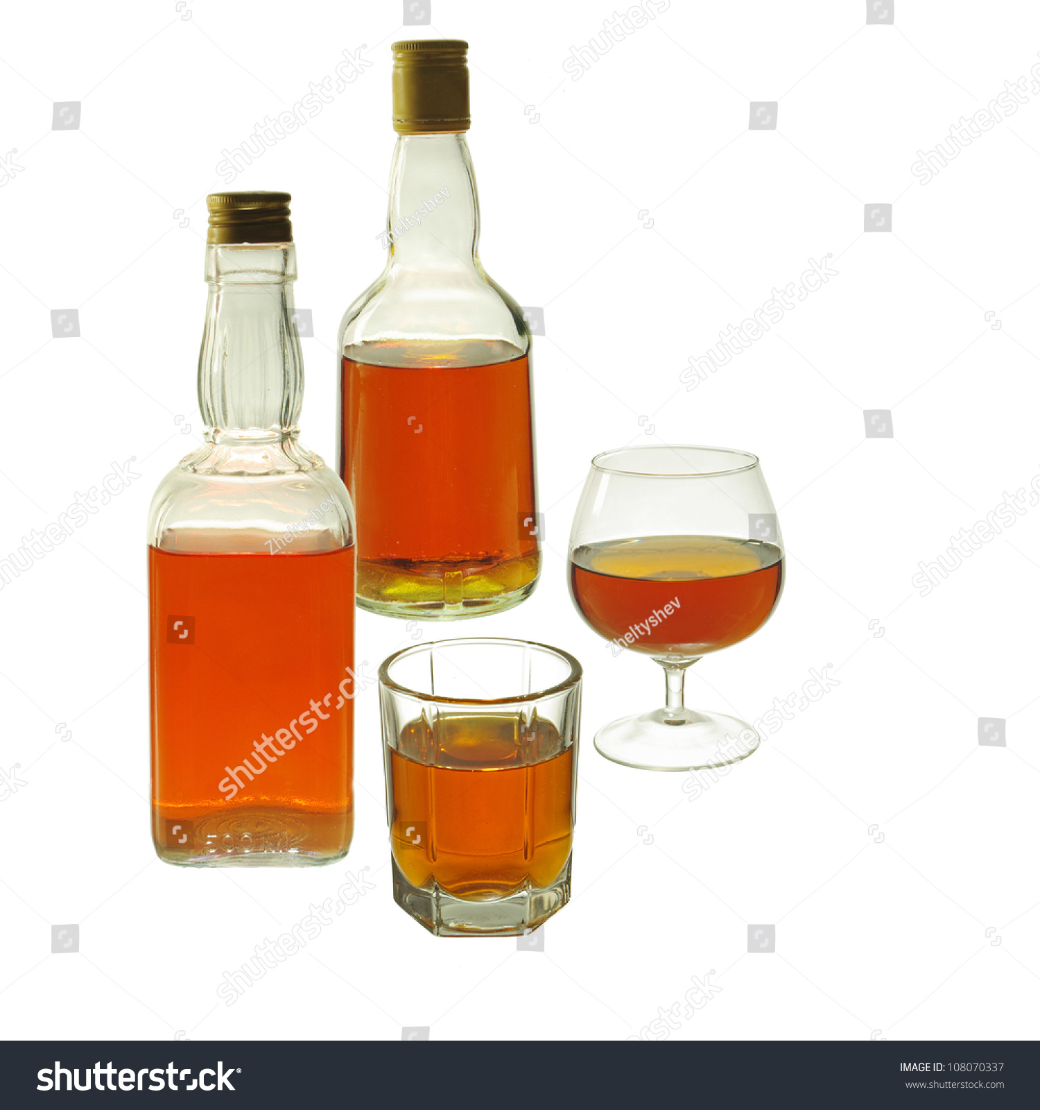 Whiskey Bottles and Glasses. Isolated on white background #108070337
