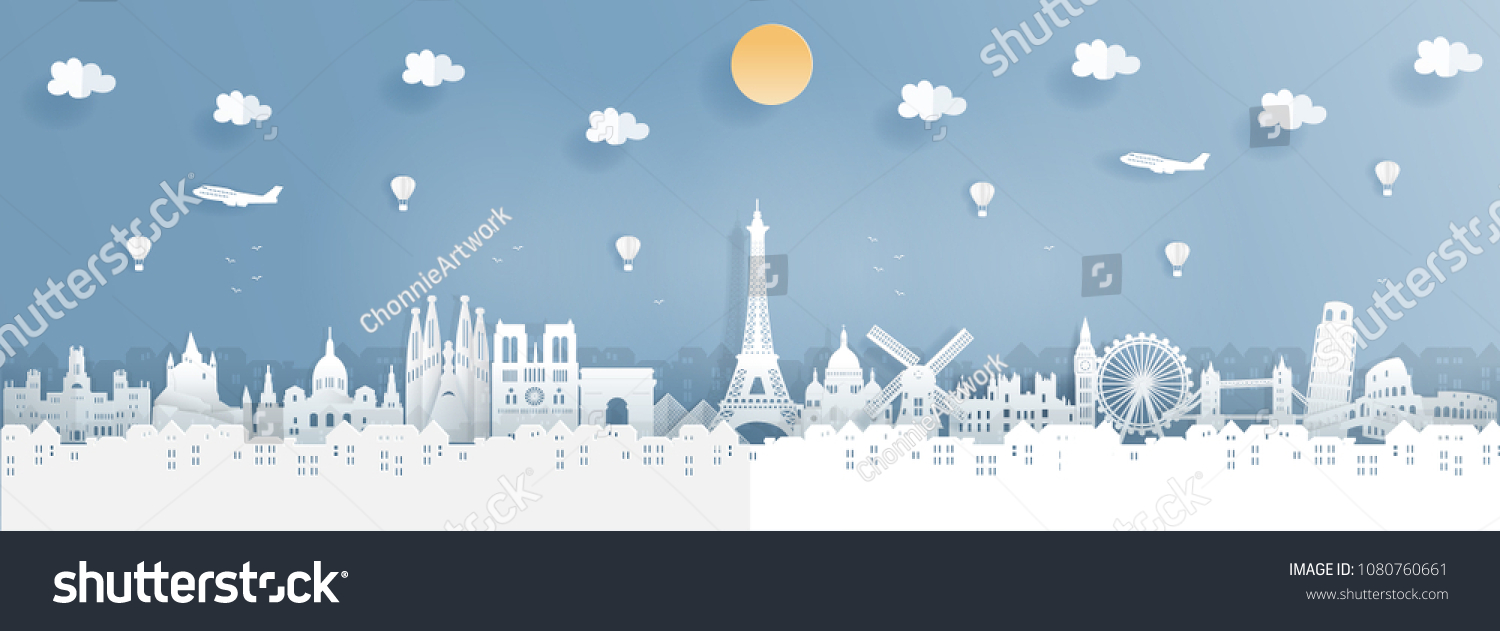 Top world famous landmark for travel poster and postcard, France,England,Spain,Italy in paper origami style vector illustration. #1080760661