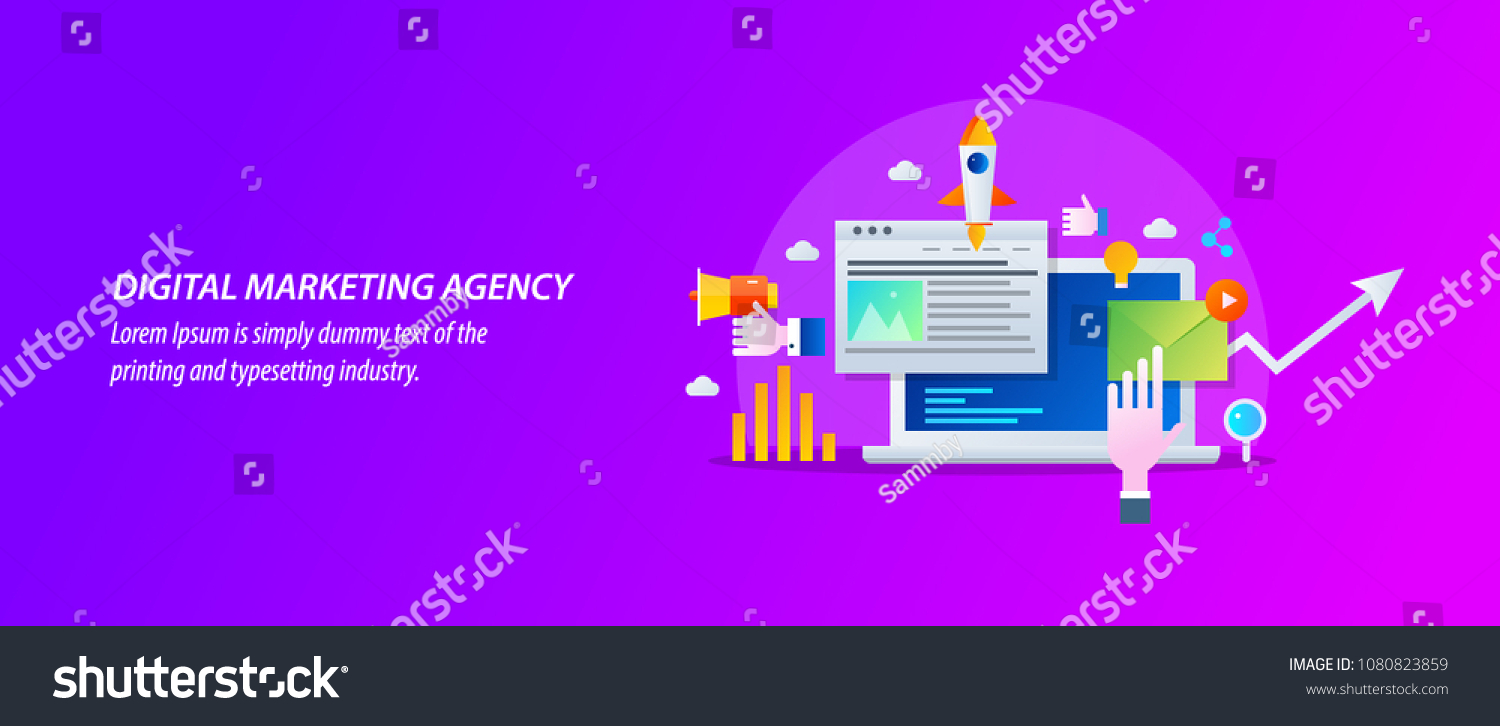 Concept for Digital marketing agency, digital media campaign flat vector illustration with icons