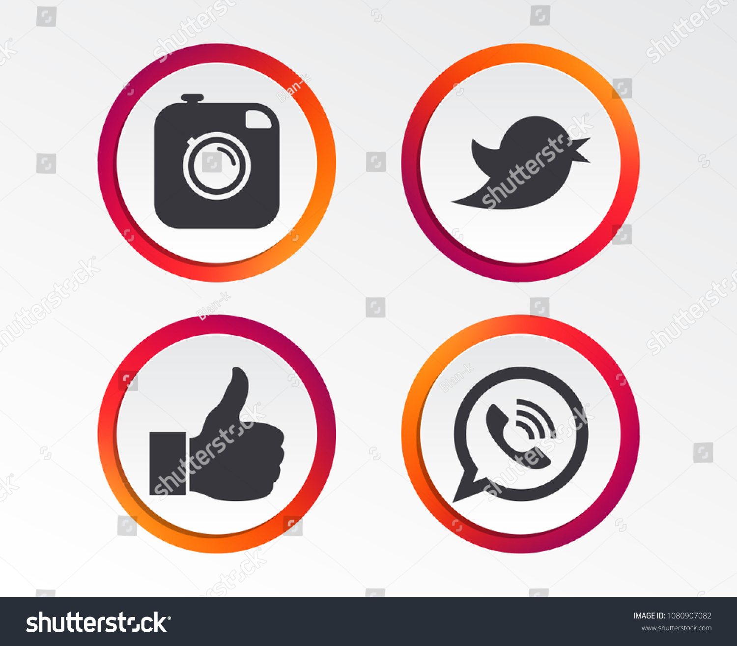 Hipster photo camera icon. Like and Call speech bubble sign. Bird symbol. Social media icons. Infographic design buttons. Circle templates. Vector #1080907082