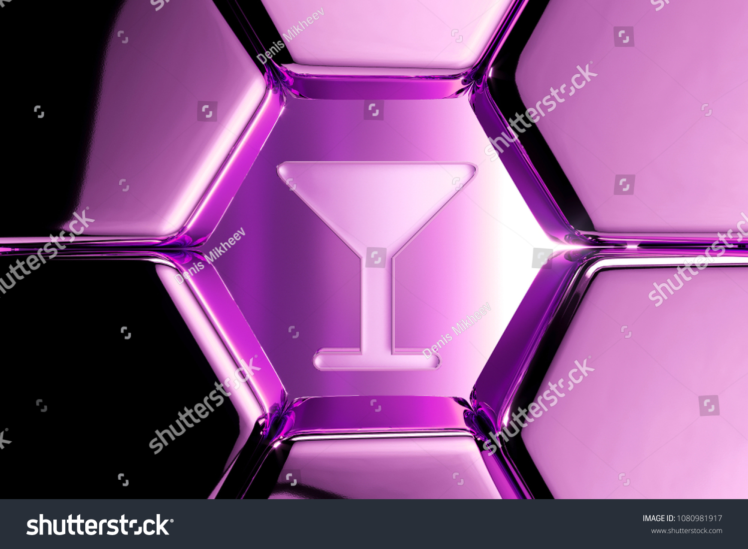 Metallic Magenta Martini Glass Icon in the Luxury Honeycomb. 3D Illustration of Magenta Alcohol, Cocktail, Glass Icons on Magenta Geometric Hexagon Pattern. #1080981917