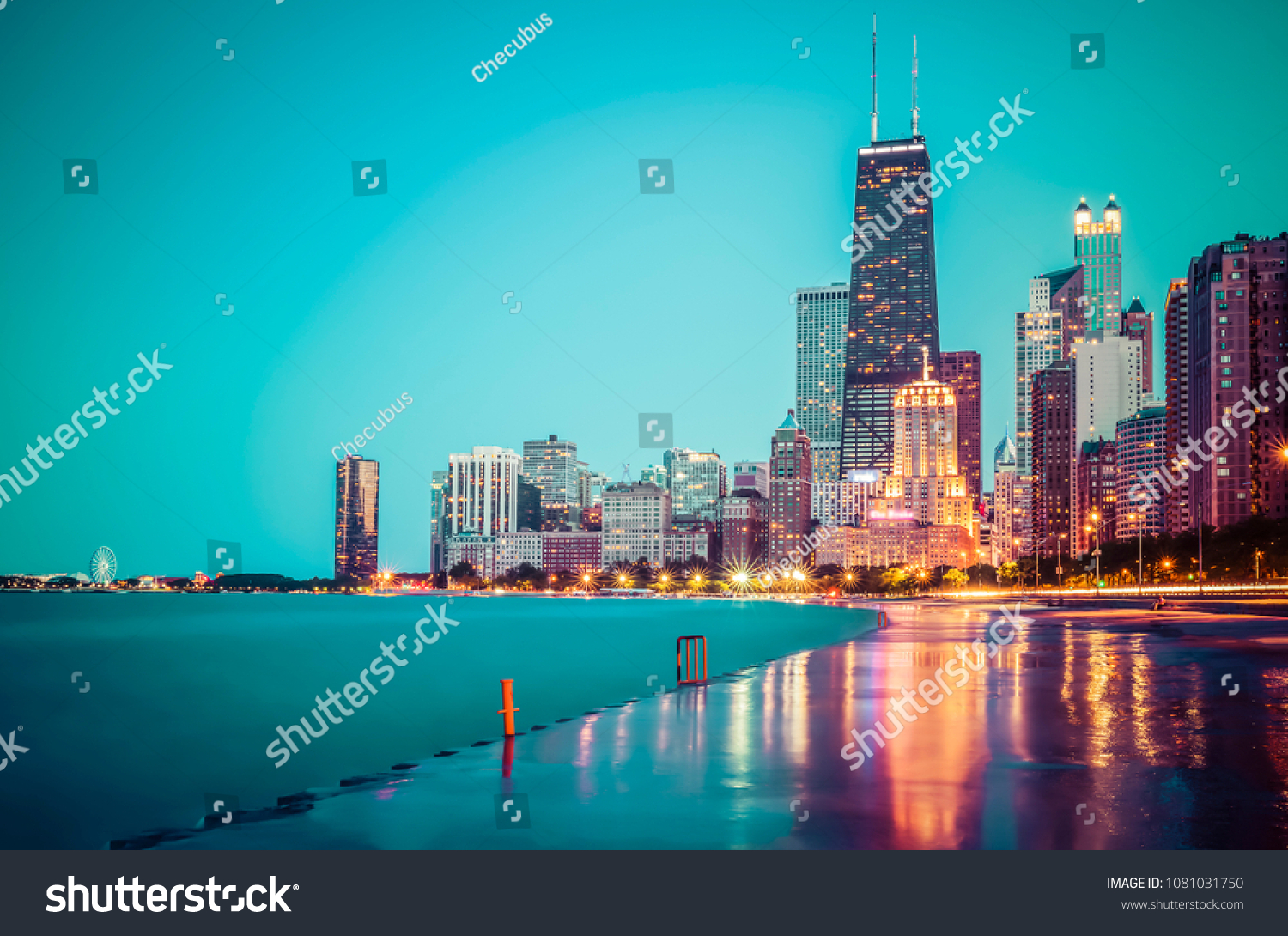 Chicago skyline at sunset with cloudy sky and reflection in water. #1081031750